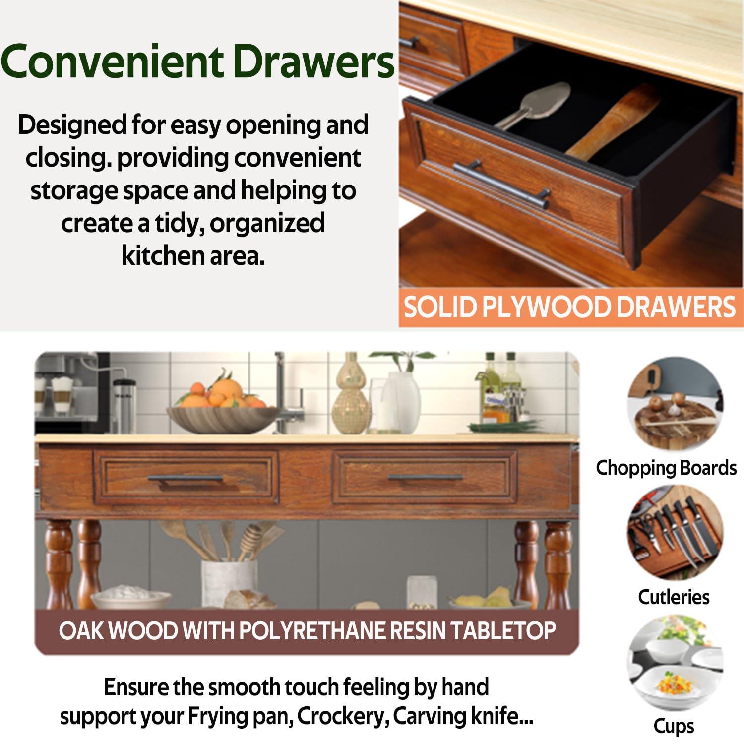 STRYWRD (5-8 days delivery)56 in Rolling Kitchen Island with Solid OAK Wood Top Two-sided Kitchen island Cart on Wheels Wine and Spice Rack Large Kitchen Cart 2 Drawers with Storage Kitchen Cart (Brown)