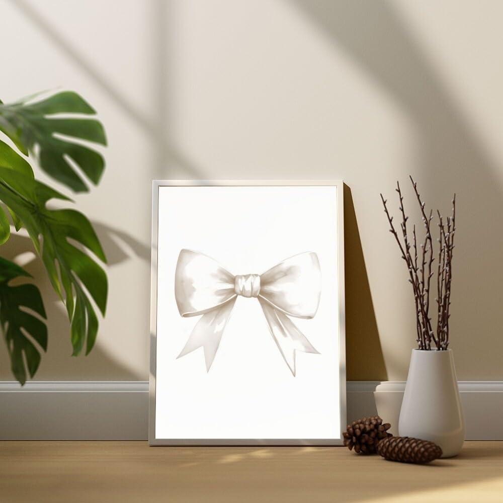 Generic Beige Bow Poster Preppy Aesthetic Wall Art Coquette Room Decor Beige Canvas Bow Print Girl Wall Art Pastel Prints Bedroom Wall Decoration16x24inch Framed