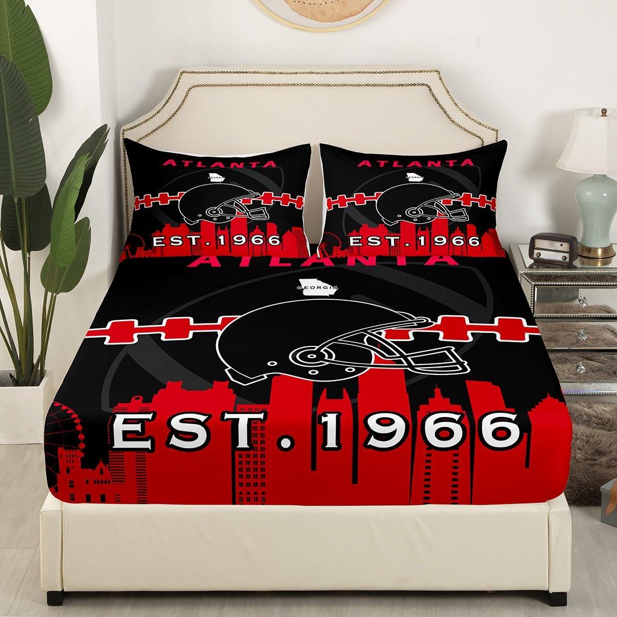 Erosebridal Erosebridal Football Fitted Sheet Twin Size for Football Fan,American Football Bed Sheets for Kids Boys Girls,Football Players Bed Set,Rugby Bedding Set with 1 Pillowcase(Atlanta),Black Red