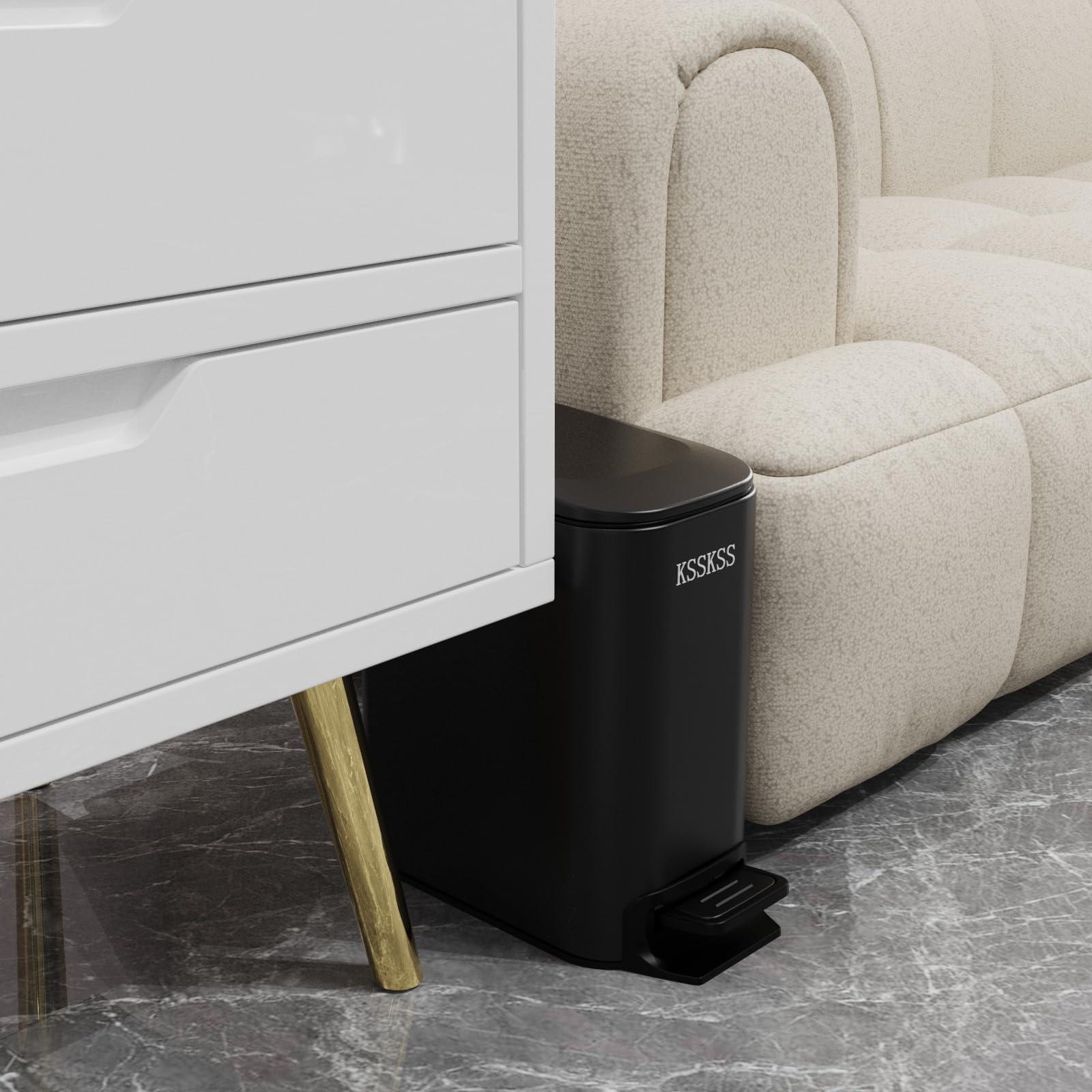 KSSKSS KSSKSS Small Bathroom Trash Can with Soft Close Lid, 6L / 1.6 Gallon Stainless Steel Garbage Can with Removable Inner Bucket, Step Pedal, Slim Wastebasket for Bedroom, Home Office (Matt Black)