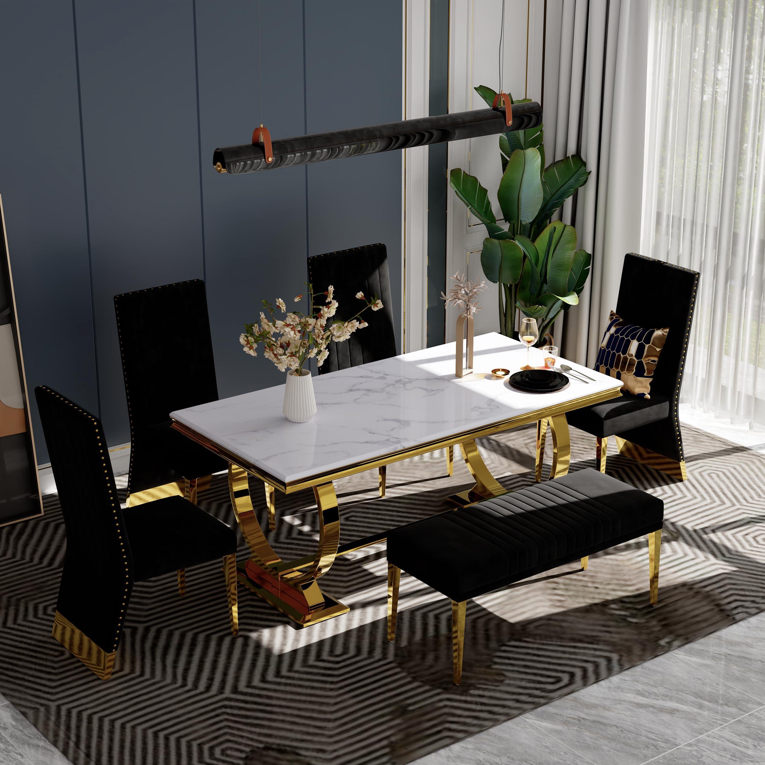 AUZ AUZ 44\" Bench, Black Velvet Upholstered Dining Room Bench, Vertical Channel Ottoman with Gold Stainless Steel Legs