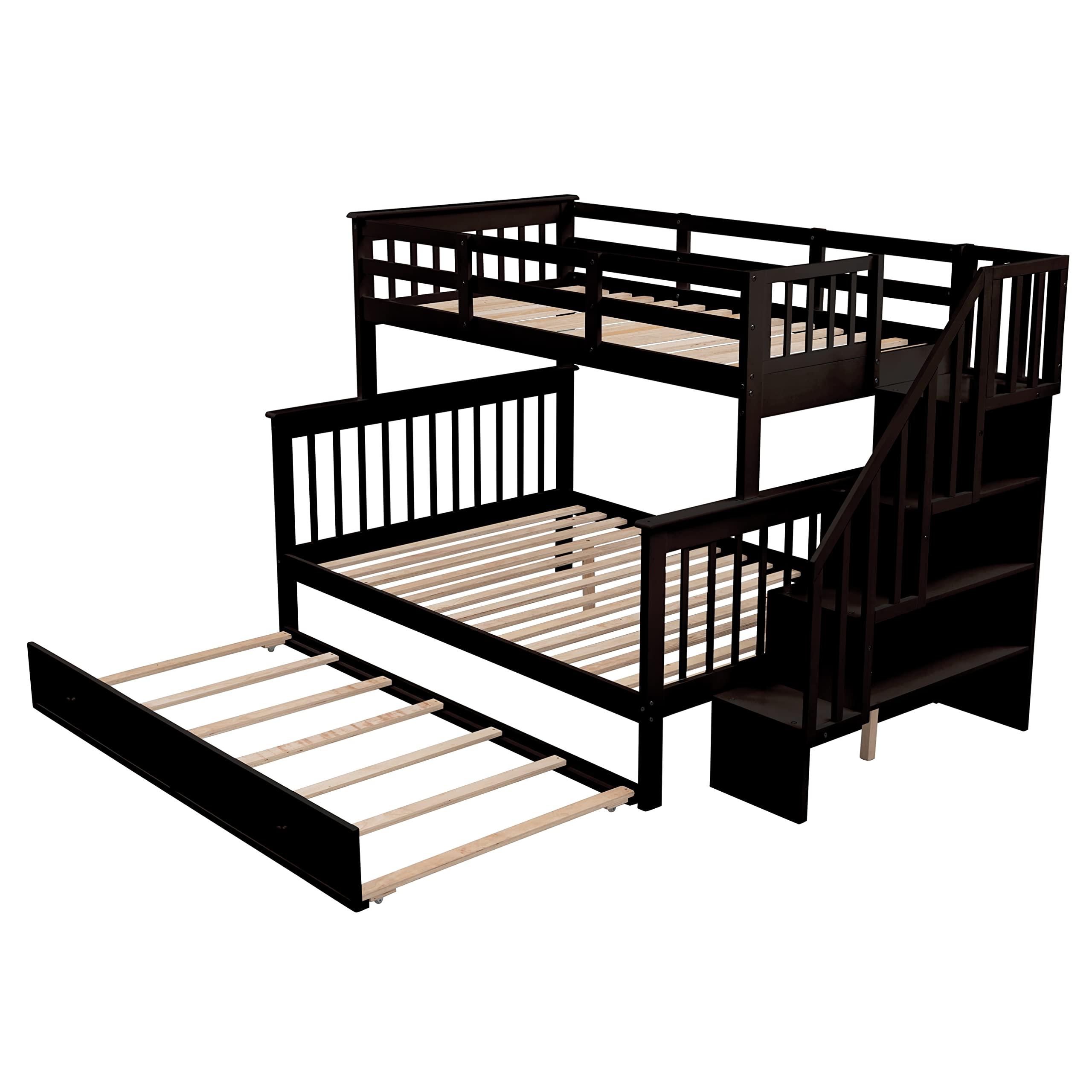 Generic Generic Twin-Over-Full Bunk Bed with Twin Size Trundle, Storage and Guard Rail for Bedroom, Dorm, for Adults, Espresso