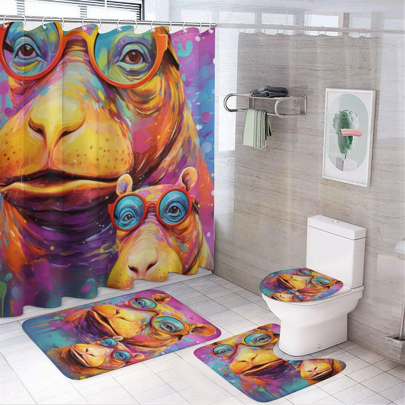 Dunmat Dunmat 4 Pieces Colorful Hippo Shower Curtain Set Graffiti Style Glasses Animal Bathroom Decor Sets with Rugs Bathroom Accessories Set Bathroom Curtain Shower Set with 12 Hooks