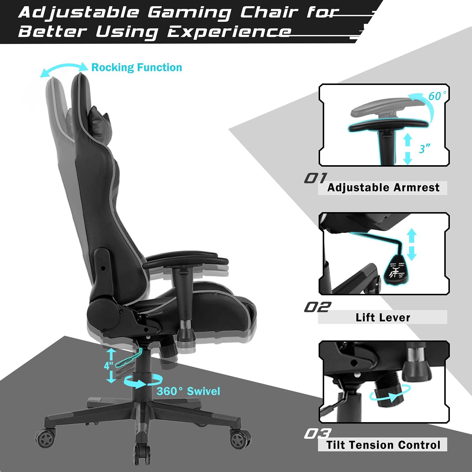 GYMAX GYMAX Gaming Chair, Massage Gaming Chairs for Adults with Headrest, Lumbar Support & Armrest, Video Computer Reclining Gaming Chair, Office Desk Gamer Task Chair (Grey)