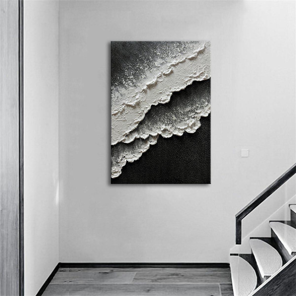 Slyart Slyart Handmade Black and White Ocean Wave Wall Art 28x40 Inches Modern Abstract Beach Canvas Painting Texture Vertical Wall Art for Living Room Bedroom