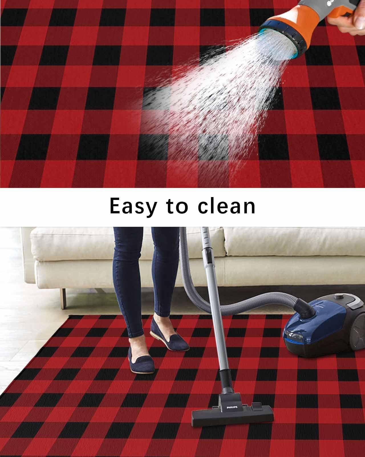 Vandarllin Outdoor Patio Rugs Red Black Plaid Outdoor Area Rug Buffalo Check Geometric Checker Pattern Non-Slip Backyard/Camping RV Rug/Deck/Porch Rug Front Door Floor Mat Carpet,6x9ft,