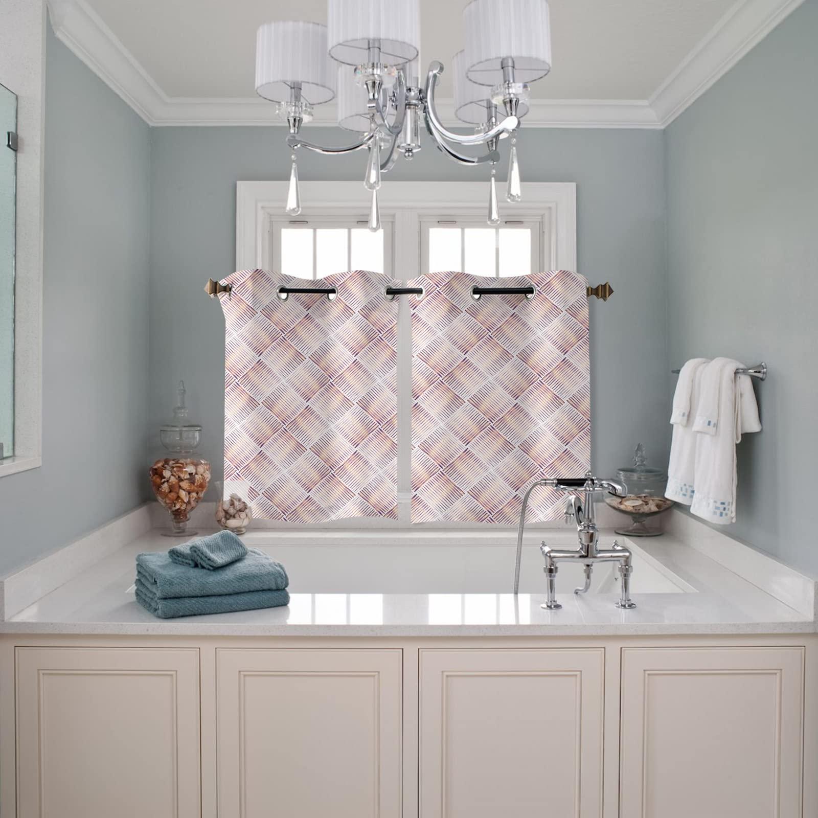 ZOE STORE ZOE STORE Short Kitchen Curtain Panel 39 Inches, Pink Geometric Window Treatment with Grommets, Rhombus Plaid Line Weave Texture Small Window Curtain Drapes for Sink, 55" W x 39" L