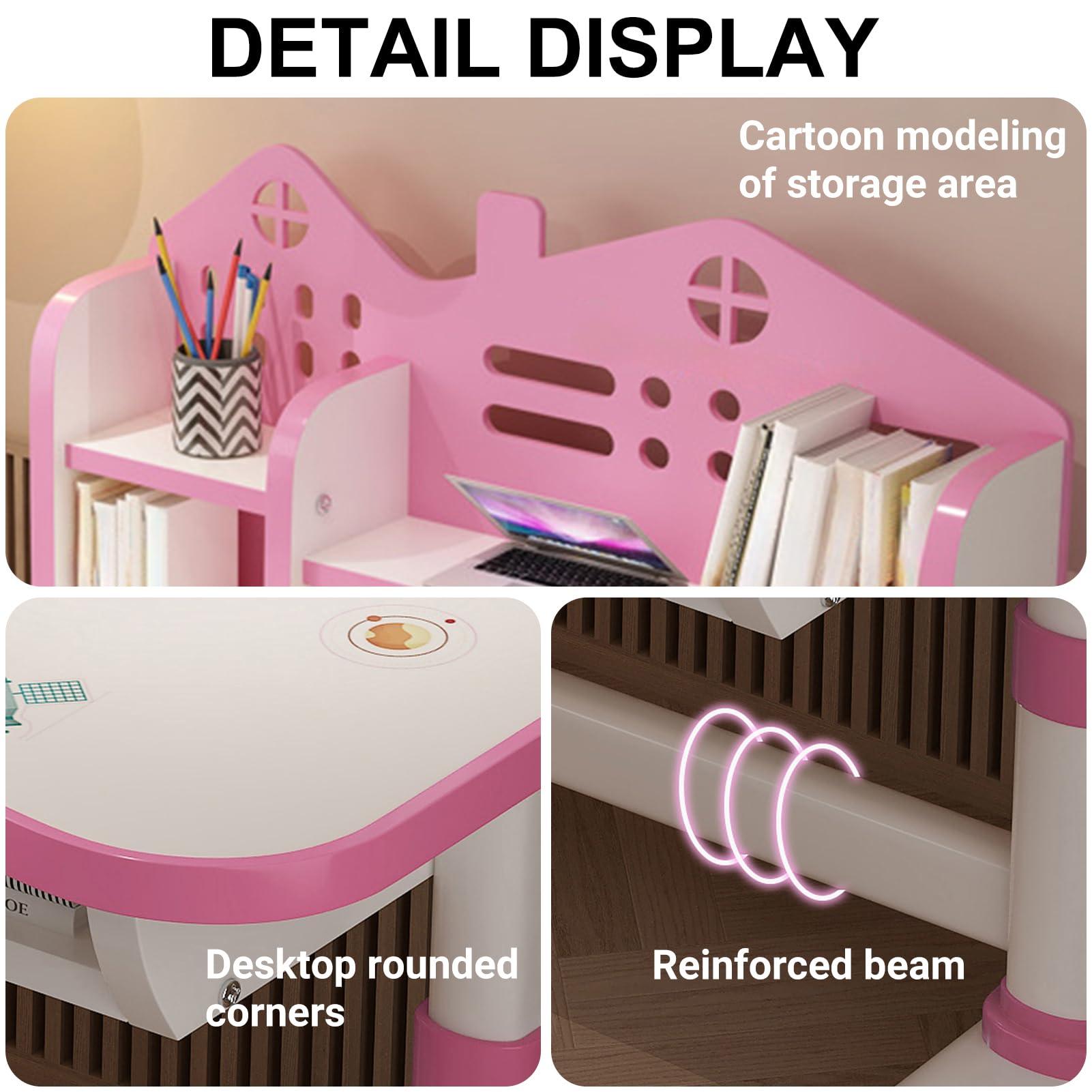 HEVIRGO Children Learning Desk and Chair Set Pink Desk Set Height Adjustable with Drawers and Storage Compartments Curved Desktop Cartoon Learning Desks and Chairs Reading/Learning/Writing for Girls (Pink)