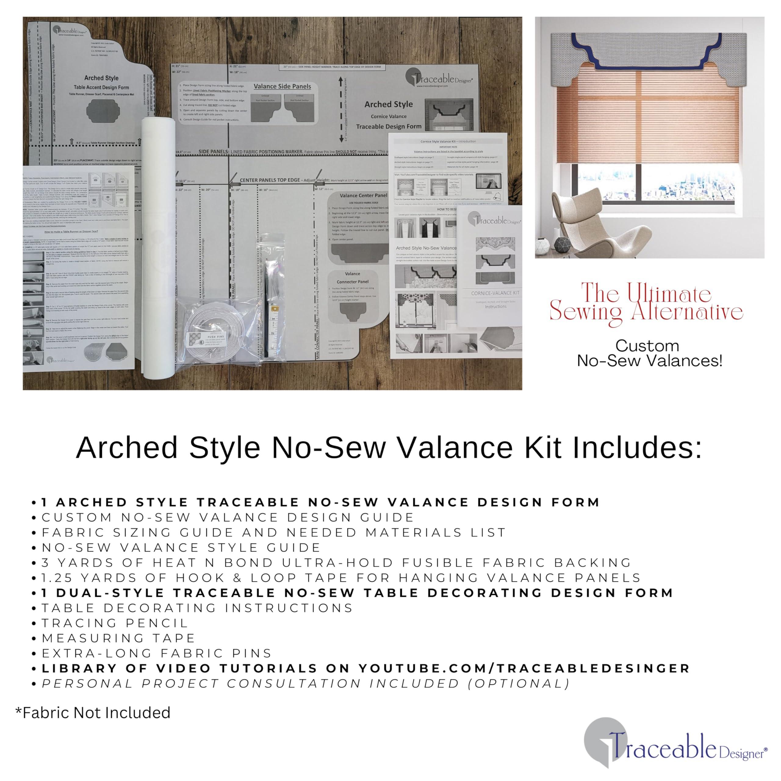 Traceable Designer Traceable Designer Arched Cornice Valance, Patented Sewing Alternative; Kit; Make No-Sew Curtains for Bedroom, Living Room,Use Over Shades or Drapes; Lined; Rod Pocket