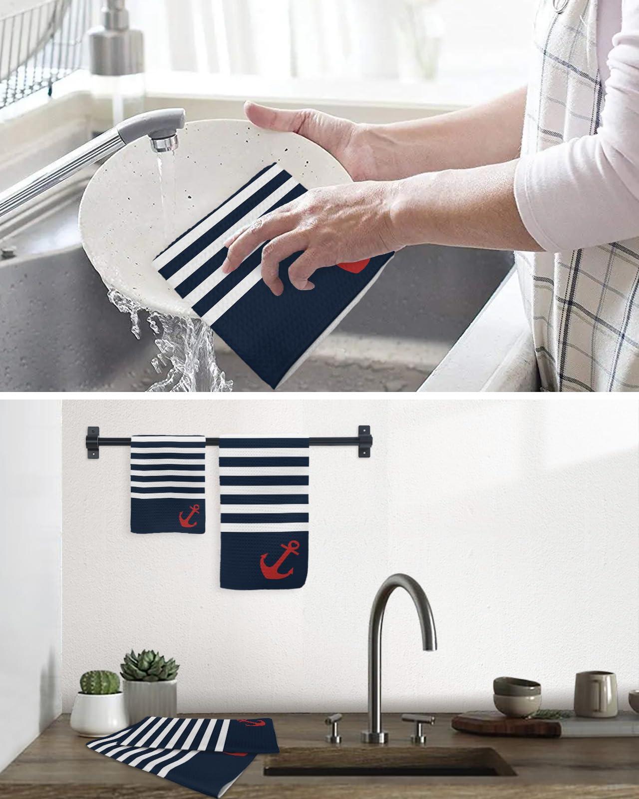 Falaniique Navy Waffle Kitchen Dish Towels Set of 2,Super Absorbent & Quick Dry Hair Hand Bath Tea Golf Microfiber Towel,Soft Gym Towel Cleaning Dish Washcloth,Summer Beach Blue Stripes Nautical Anchor 12\"x12\"