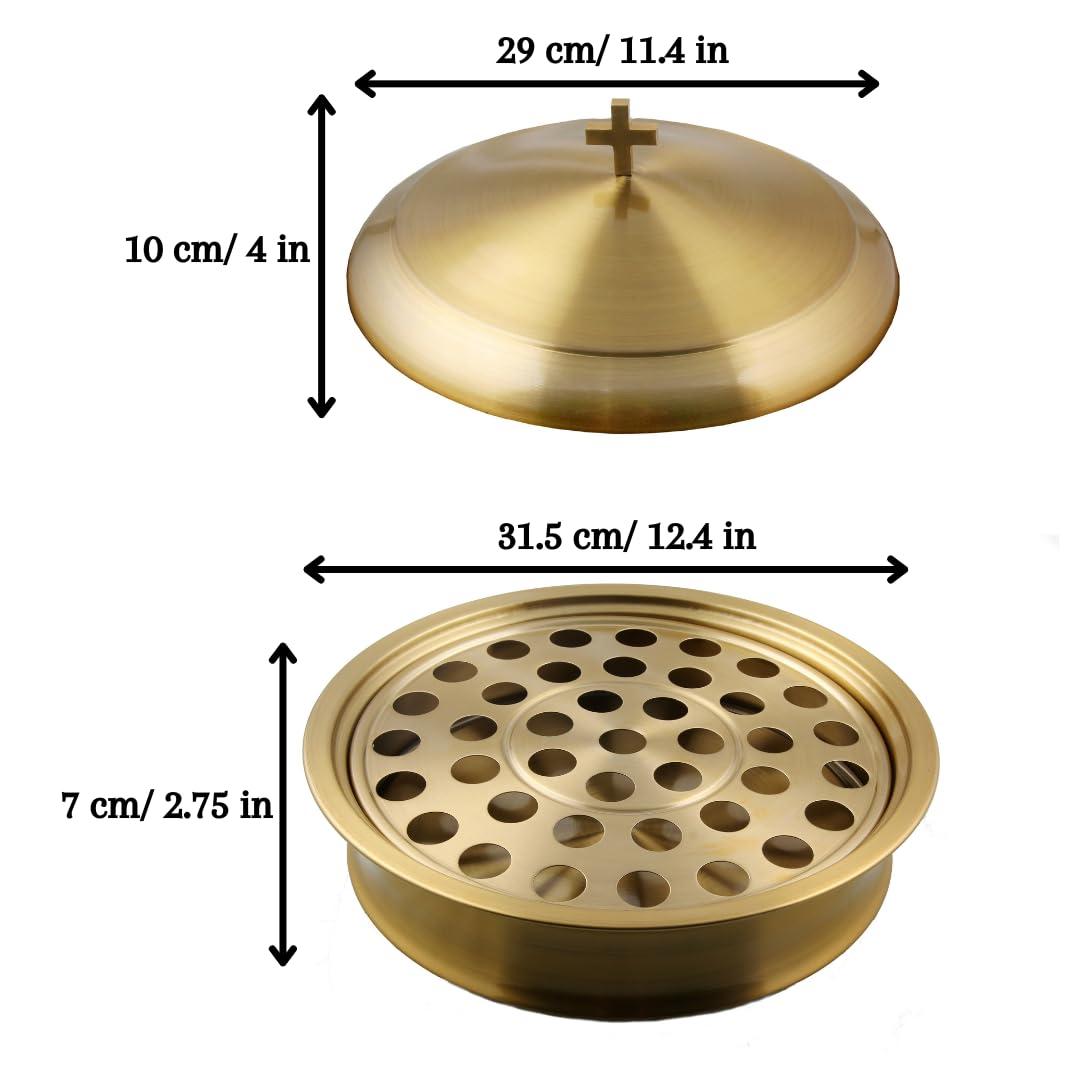 Mayur Exports Communion Ware Holy Wine Serving Tray with A Lid & A Stacking Bread Plate with A Lid - Stainless Steel (Brass/Gold)