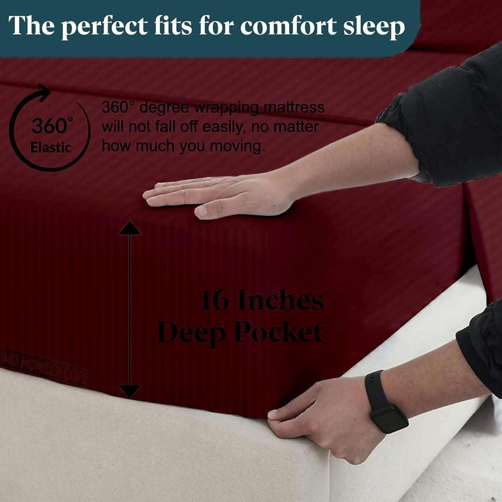 MD Home Decore Egyptian Cotton Split Queen Sheet Set - 7 Piece Set - Burgundy Stripe Sheets - Extra Deep Pockets - Adjustable Bed Compatible