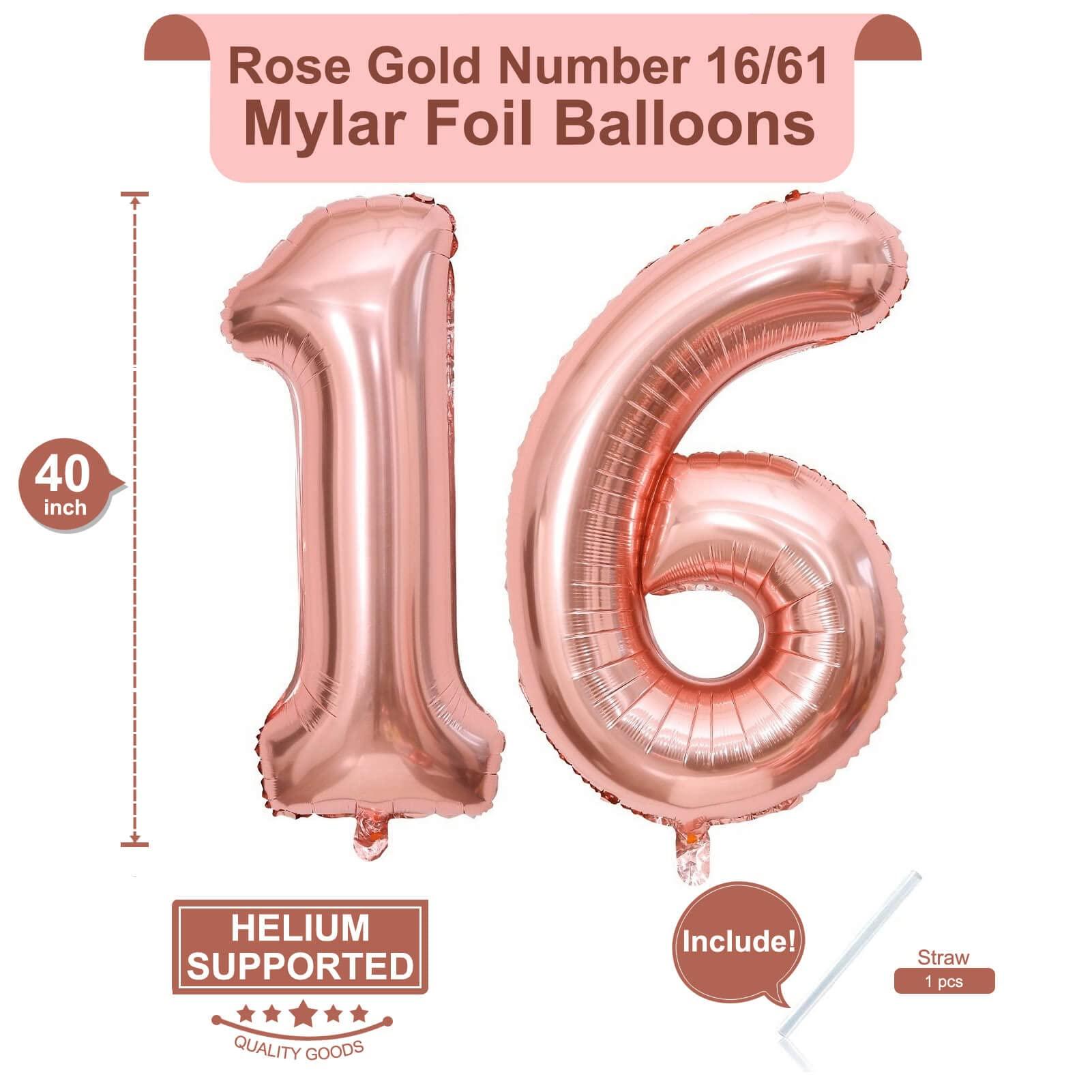 LHOAVWE 40 Inch Rose Gold 16 Number Balloons Giant Jumbo Huge 16 61 Foil Mylar Helium Number Digital Balloons Rose Gold Birthday Mylar Digital Balloons 16th Birthday Anniversary Events Party Decorations