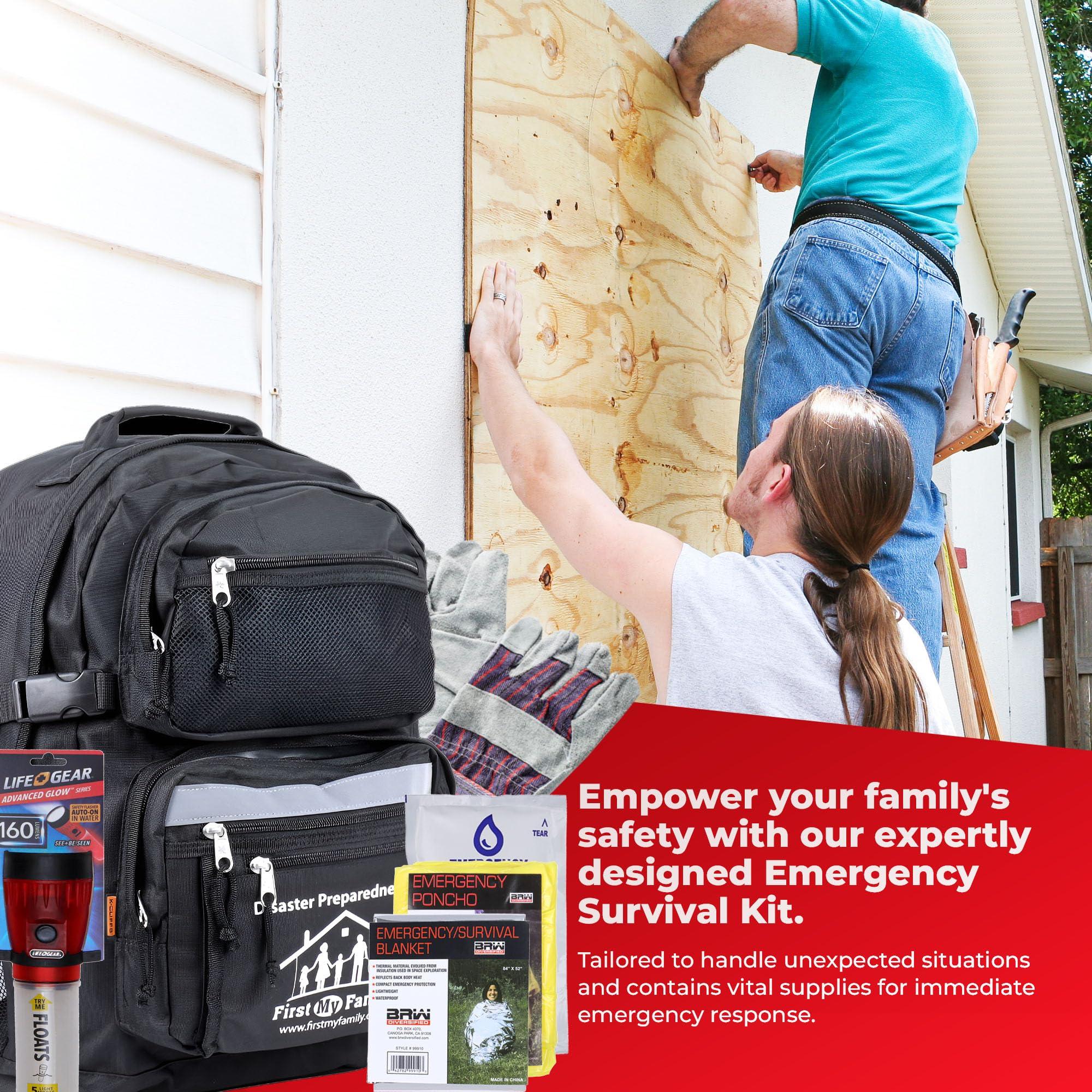 FIRST MY FAMILY A DISASTER PREPAREDNESSCOMPANY First My Family All-in-One 4 Person, 72 Hour Emergency Survival Kit for Fires, Earthquakes, Hurricanes, Floods, Tsunami and Other Disasters - Premium Black Backpack