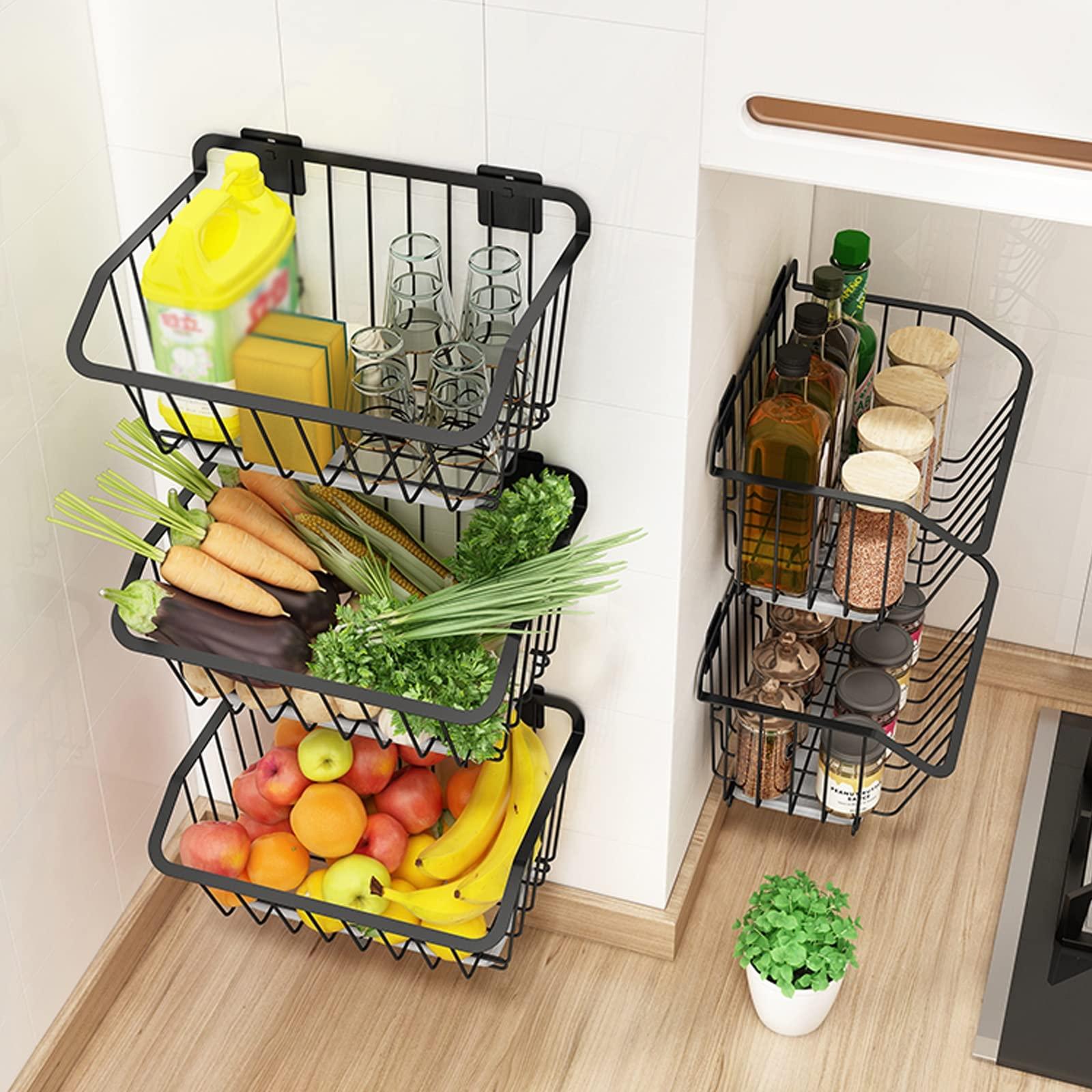 HJXGQJM Fruit Vegetable Storage Basket,wall Mounted Fruit And Vegetable Rack, For Storing Organizing Fruit Vegetables Eggs Snacks Breads, Stainless Steel Fruit And Vegetable Rack, Black fruit and vegetable ra