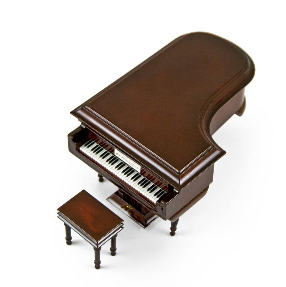 MusicBoxAttic Piano Music Box with Jewelry Compartment - Sophisticated 18 Note Miniature Musical Hi-Gloss Brown Grand Piano with Bench - Many Songs to Choose - Thank Heaven for Little Girls