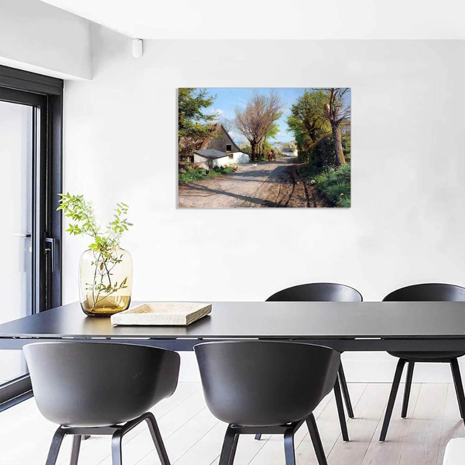 MOBYAT MOBYAT Peder Mork Monsted Village life, an early spring day with a view of Roskilde Fjord 1921" Canvas Oil Painting Decoration 60x40cm(24x16in) internal frame