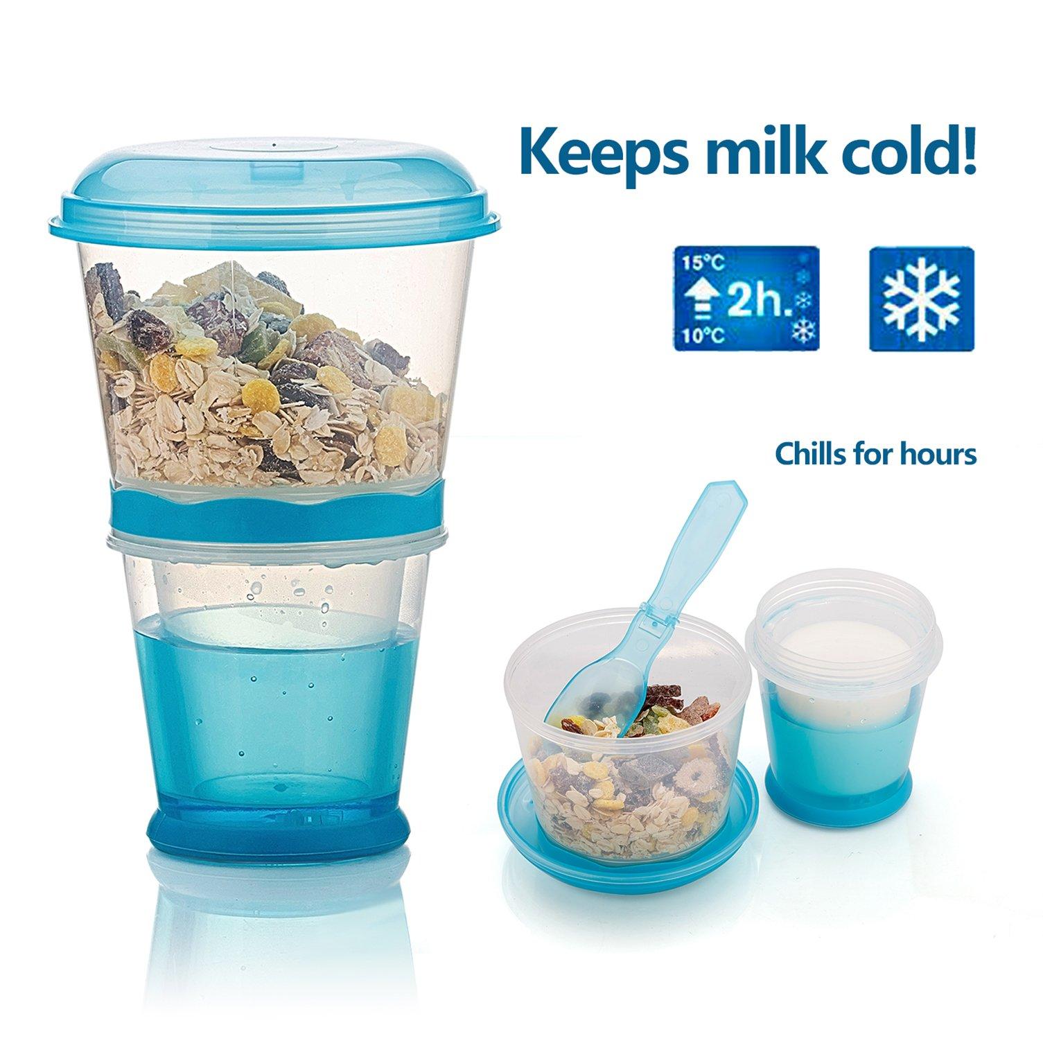 Pogah Cereal On The Go, Cup Container Breakfast Drink Milk Cups Portable Yogurt and Travel To-Go Food Containers Storage With Spoon(Blue)