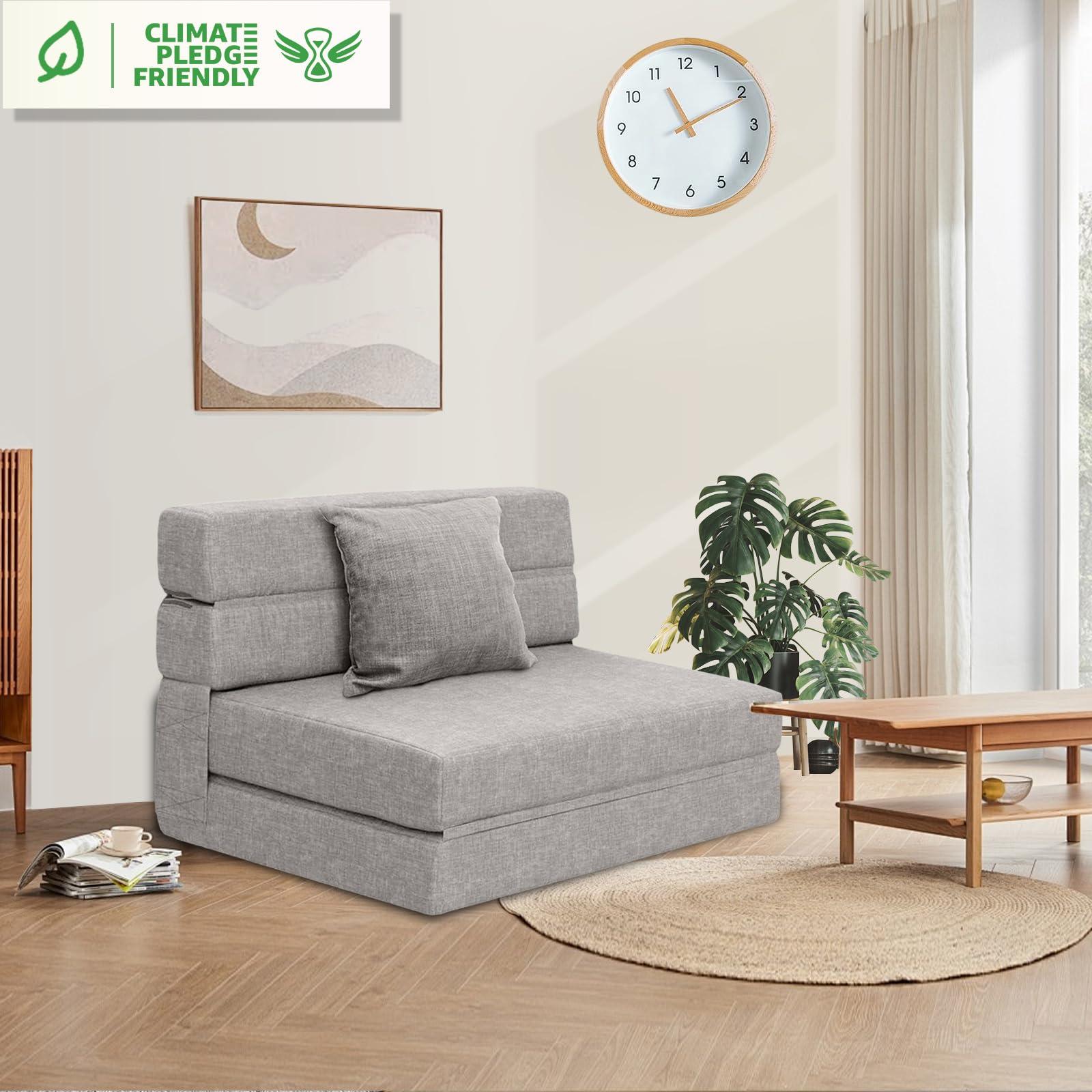 ANONER ANONER Folding Sleeper Chair Sofa Bed Lazy Couch with Pillow, Twin Size, Light Gray