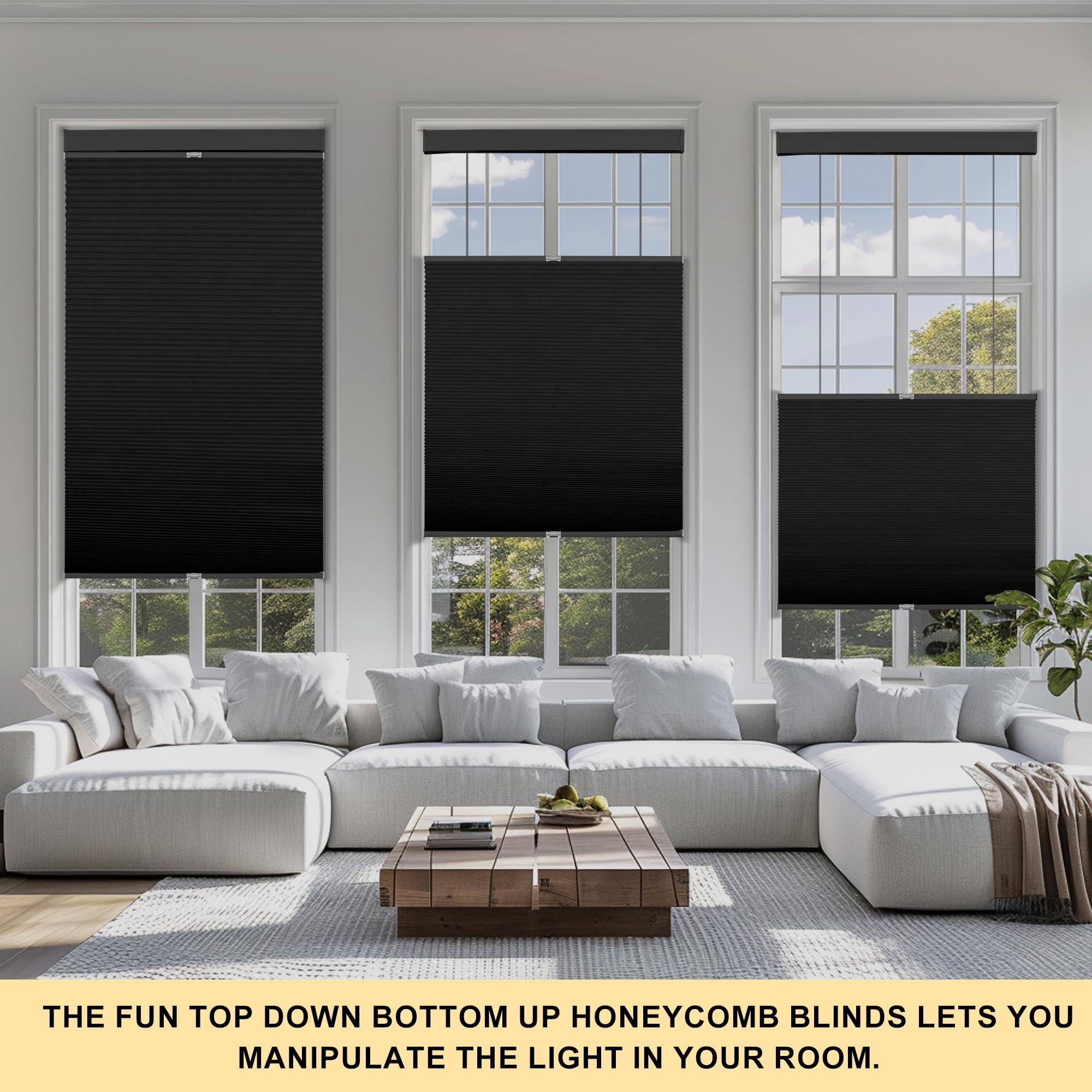 BERISSA BERISSA Top Down Bottom Up Cordless Cellular Shades Pull Down Blackout Room Darkening Window Shades Honeycomb Blinds for Windows and Skylights,Black,77" W x 56" H