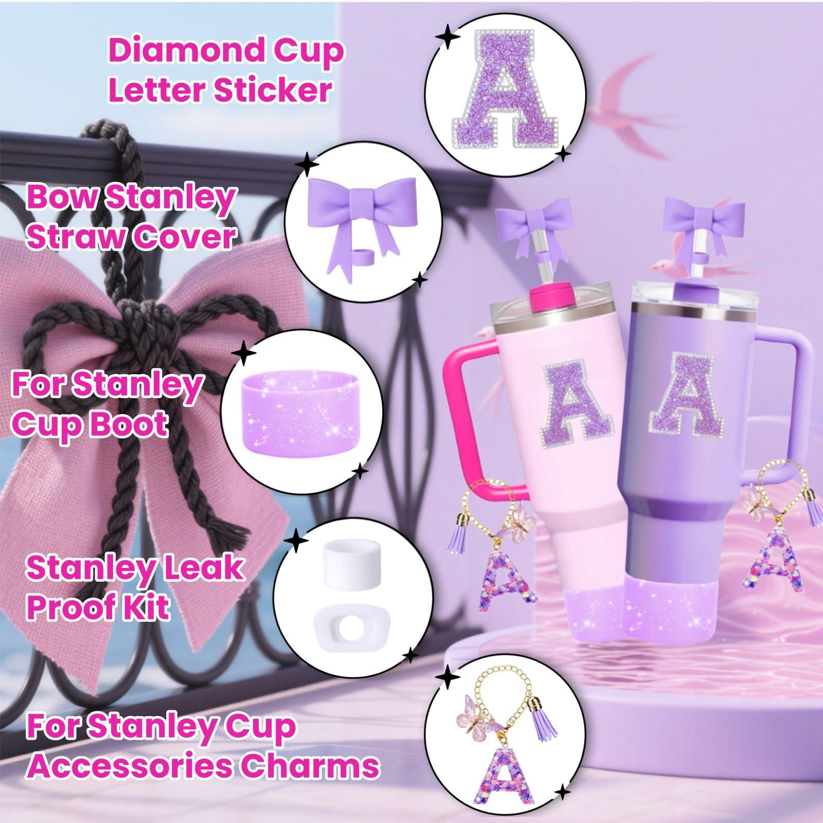 MOTEERLLU MOTEERLLU 6pcs Stanley Cup Accessories Set,Bow Straw Cover for Stanley Cup 30oz 40oz, Including Straw Topper,Spill Proof Stopper,Sparkly Silicone Boot Set,Handle Charm,Initials Sticker (D)