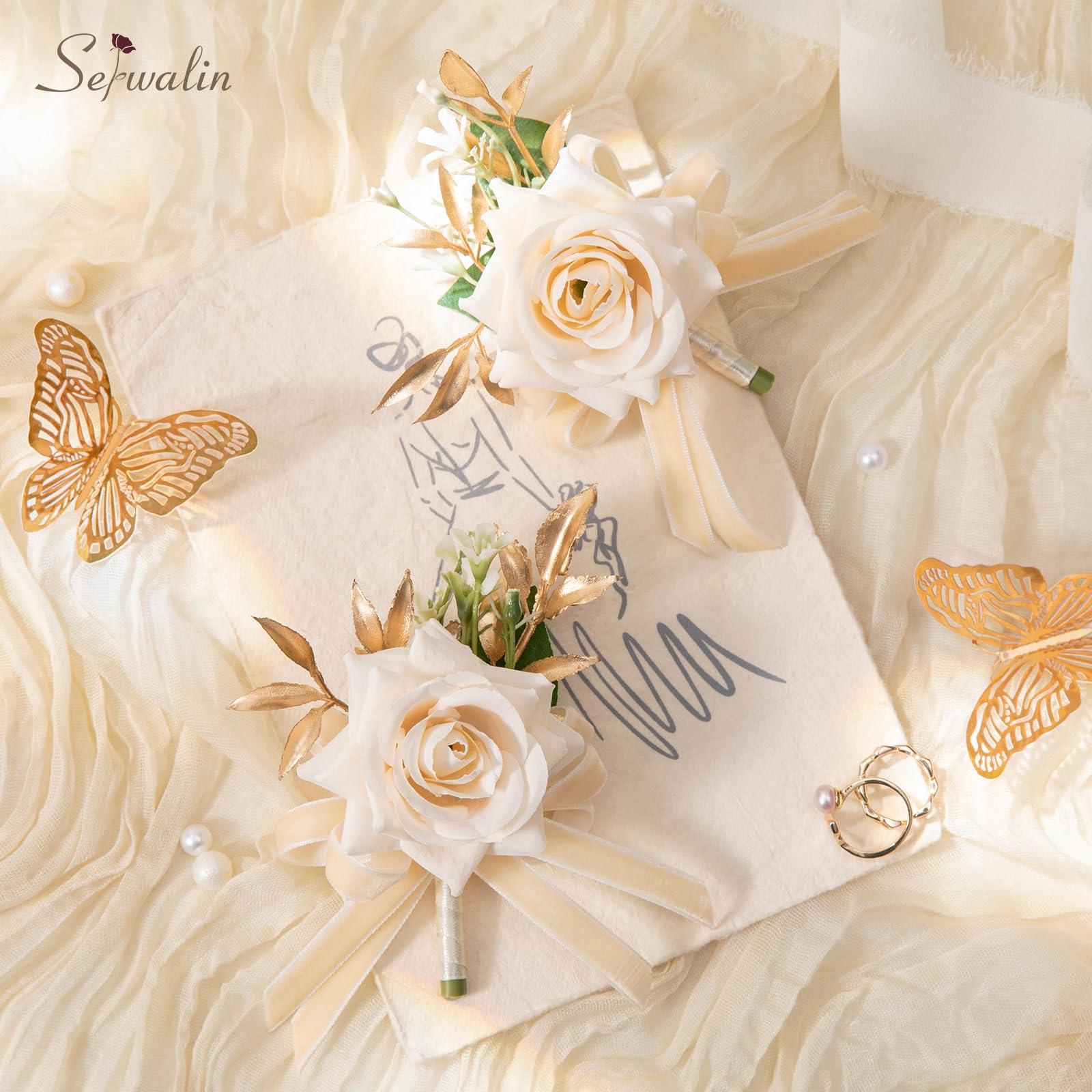 Serwalin Serwalin 6 Pcs Champagne Boutonniere for Men Wedding