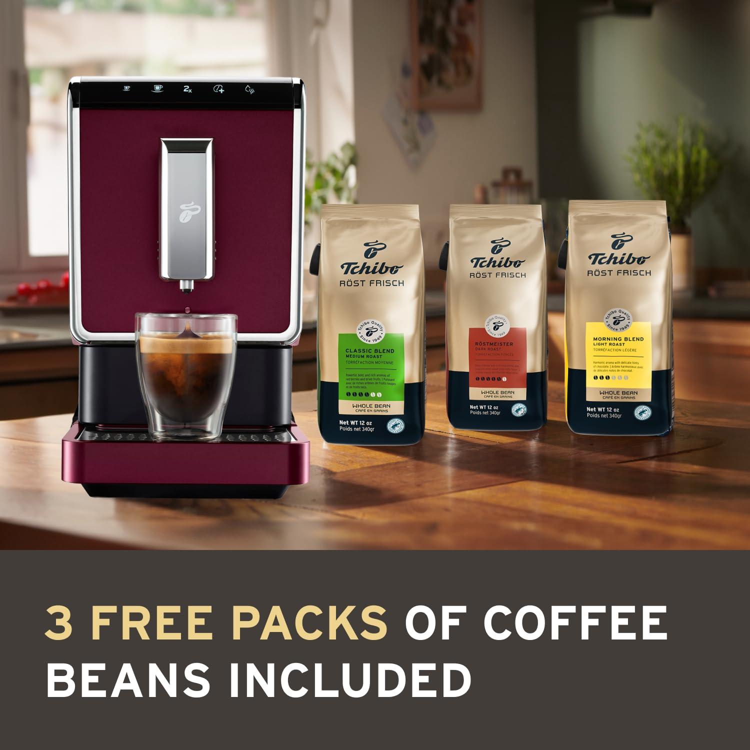 Tchibo Tchibo Automatic Espresso & Coffee Machine Bundle with Built-in Grinder, Comes With 3 x 12 oz. Bags of Whole Bean Coffee, Red