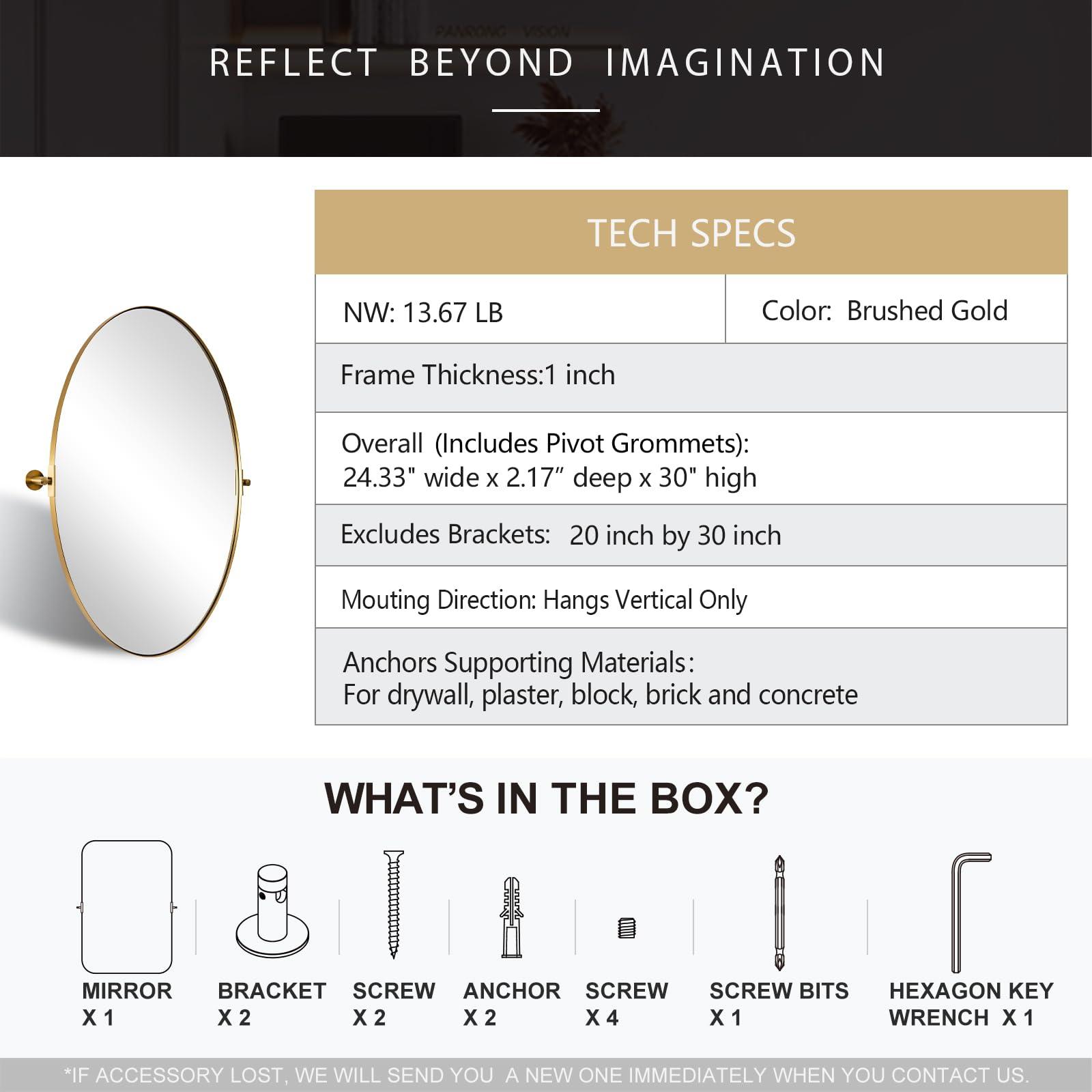 ANDY STAR ANDY STAR Gold Oval Mirror, Oval Pivot Bathroom Mirror, Brushed Gold Oval Pivot Mirror Bathroom Stainless Steel Metal Frame Tilting Vanity Wall Mirror Hangs Vertical