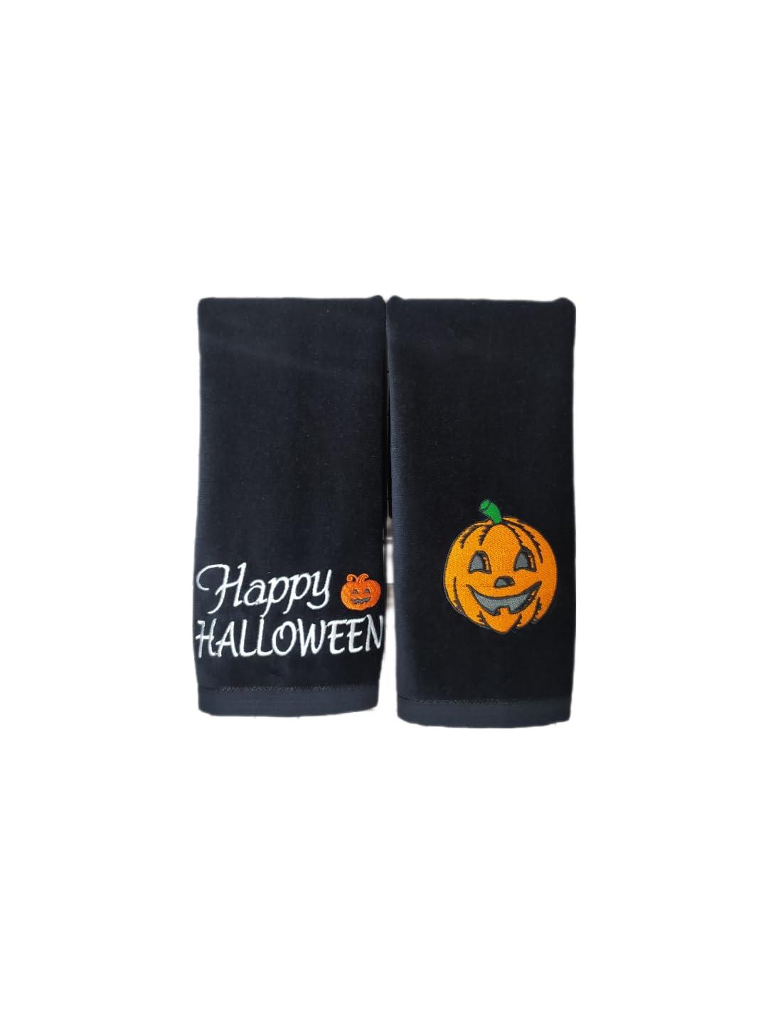Towland Ticaret 2 Pack Happy Halloween Hand Towels, 100% Soft Cotton, Basket Stuffers, (12X20 Inches) Decor Hand Towels Gift Packed, Decorative Hand Towels, Ideal for Kitchen and Bathroom Use (Orange, 2)