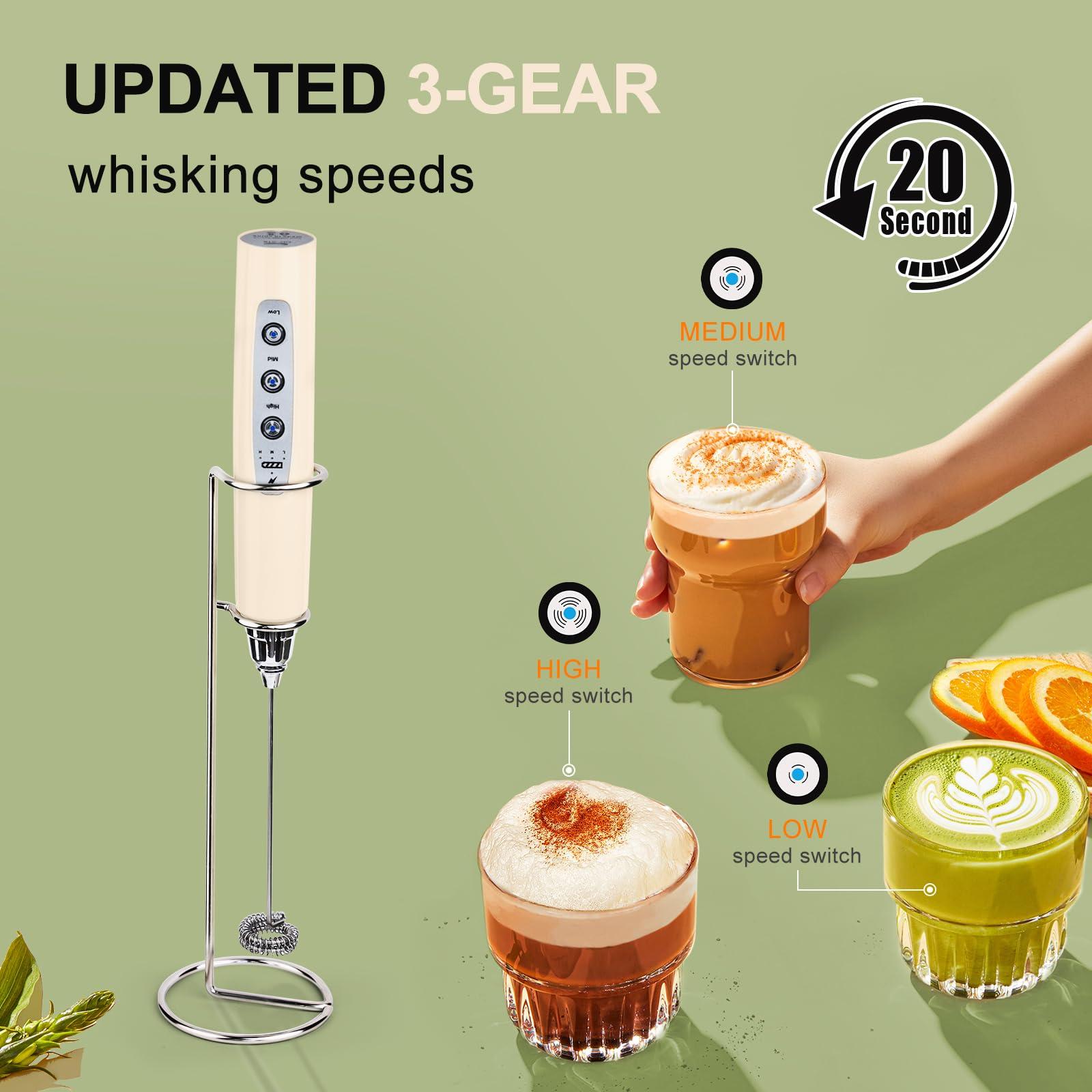 YUSWKO YUSWKO Beige Handheld Milk Frother Wand with Stand for Coffee, Rechargeable Electric Whisk with 3 Heads 3 Speeds Drink Mixer Coffee Frother For Latte, Cappuccino, Hot Chocolate, Egg