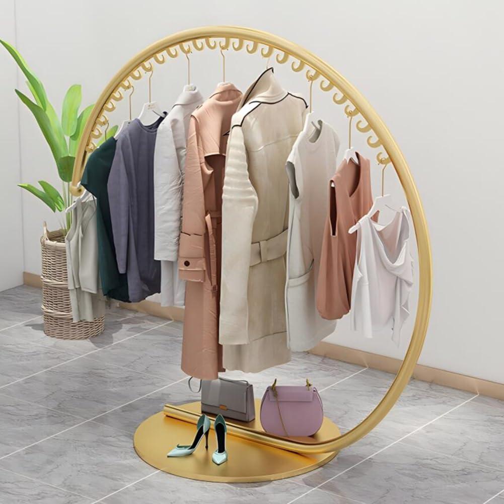 Zfmnoyev Clothing Rack, Freestanding Heavy Duty Clothing Rack, Metal Garment Rack with Stable Base, Portable Round C-Style Rack, Strong Bearing Capacity, for Retail Home Clothing Store ( Color : Gold , Size :