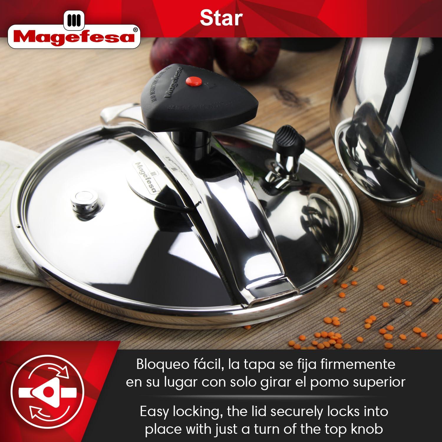 MAGEFESA MAGEFESA Star Pressure Cooker, 6.3-Quart, 18/10 Stainless Steel, Works on All Stovetops (Induction Compatible), Safety Lock & 8 PSI Cooking