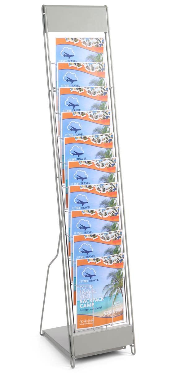 Displays2go Portable Literature Stand with 10 Pockets for 8.5x11 Magazines, Carrying Bag Included, 54\"h Floor-Standing Magazine Rack with Tiered Design, Steel (Silver)