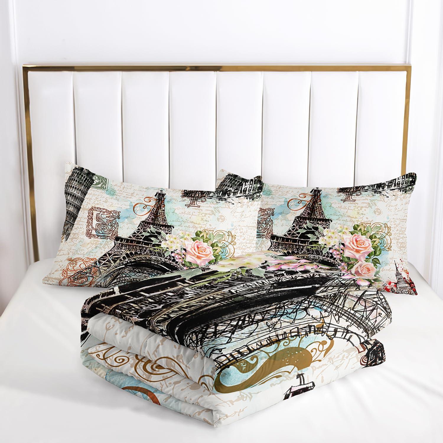 Nttopship Nttopship Romantic Eiffel Tower Comforter Set Queen Size for Kids and Adults 3Pcs,Retro Style Eiffel and Flowers Bedding Set Soft Comfoter for All Season Child Room Decor