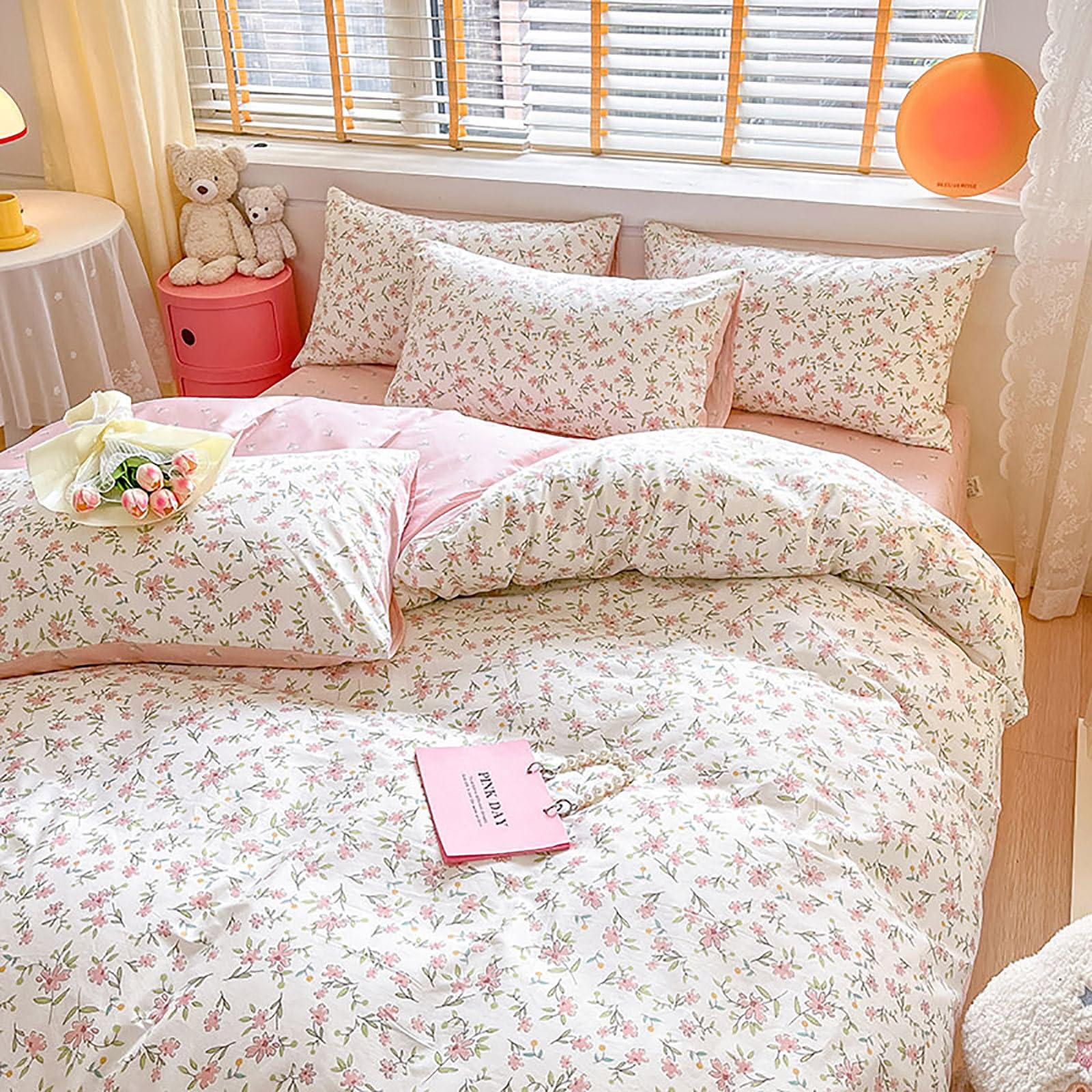 EAVD EAVD Vintage Style Garden Pink Floral Duvet Cover Queen White Soft 100% Cotton Small Cute Floral Bedding Set with 2 Pillowcases Chic Shabby Floral Botanical Duvet Cover with Zipper Closure