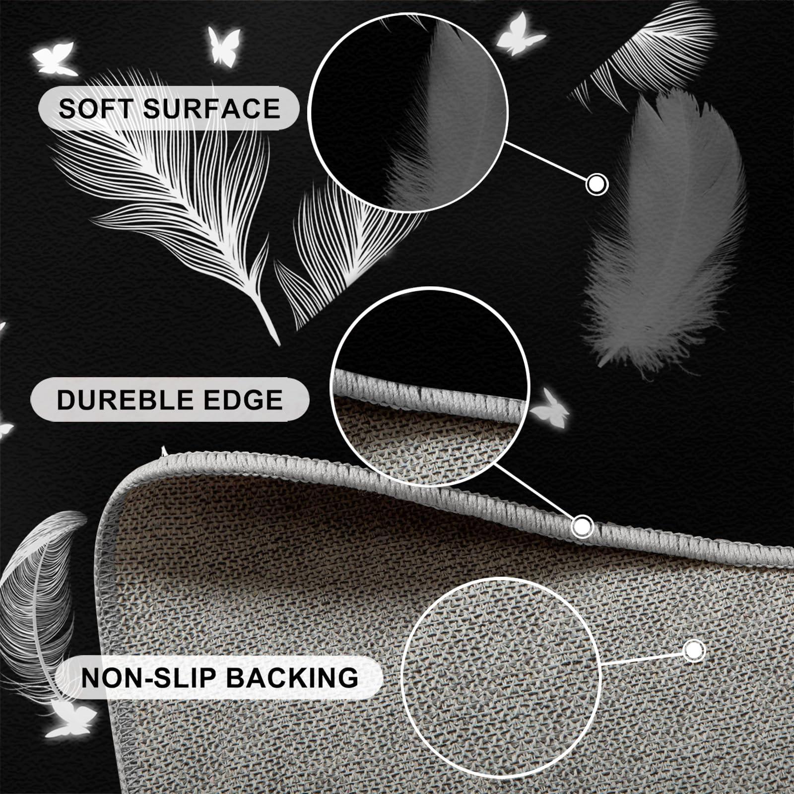 DUPIELU Fashion Black Area Rugs, Modern Abstract White Feather Butterfly Print Large Indoor Machine Washable Rug, Non-Slip Easy Clean Carpet for Living Room Bedroom Kitchen Hallway Entry 8x10ft