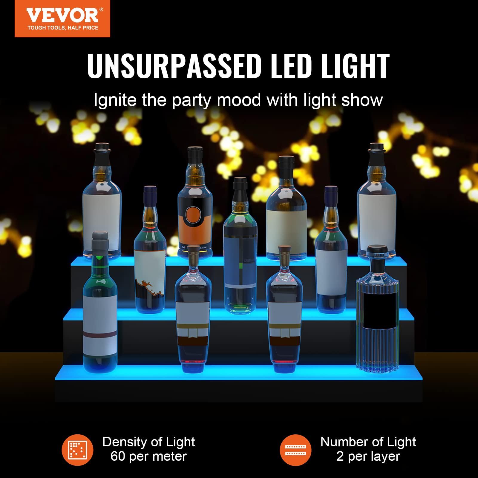 VEVOR VEVOR LED Lighted Liquor Bottle Display, 3 Tiers 30 Inches, Supports USB, Illuminated Home Bar Shelf with RF Remote & App Control 7 Static Colors 1-4 H Timing, Acrylic Lighted Shelf for 24 Bottles