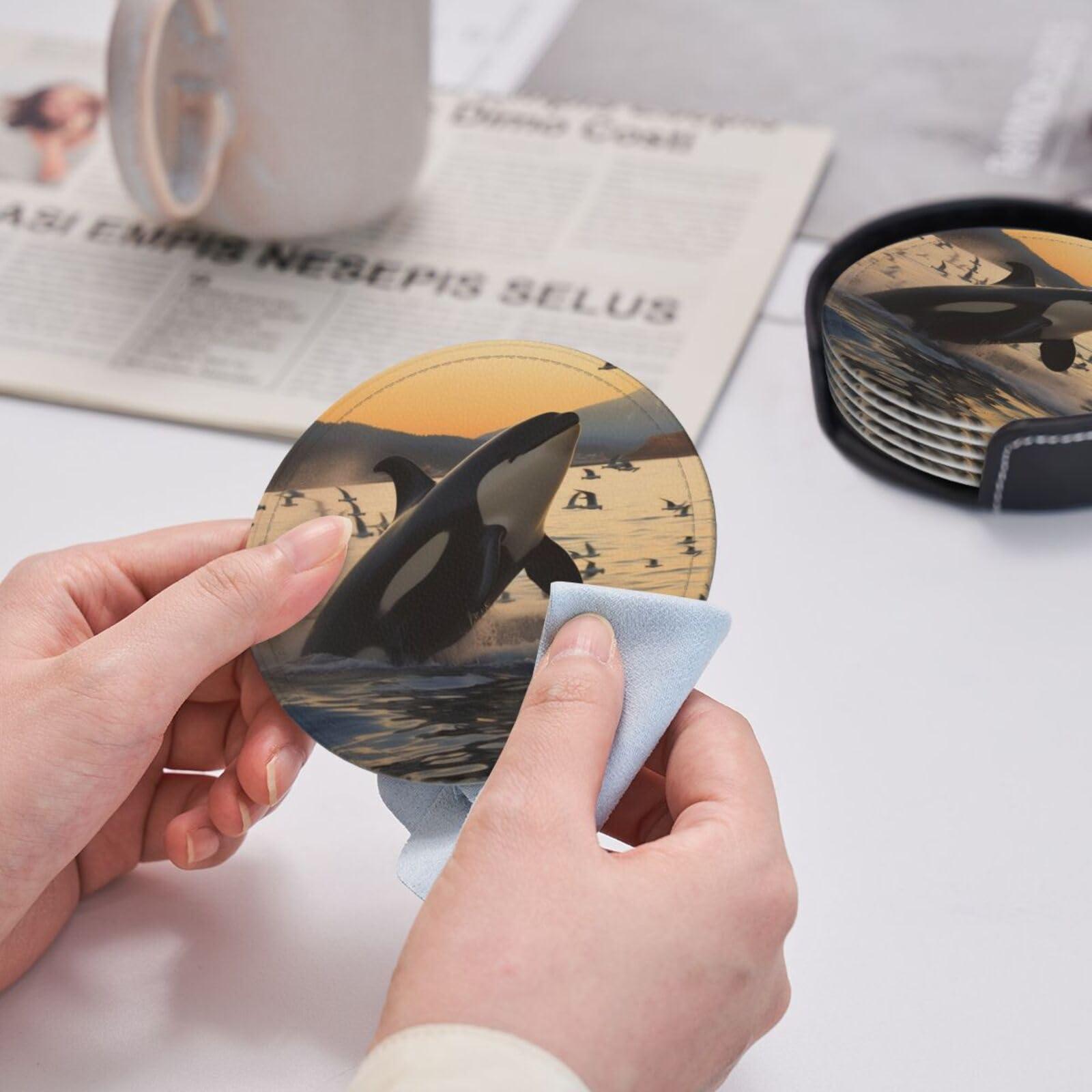 ZLYYXY Stylish Coasters - Killer Whale Set of 6 Round Leather Drink Coasters with Holder - Perfect Size for Cups and Glasses