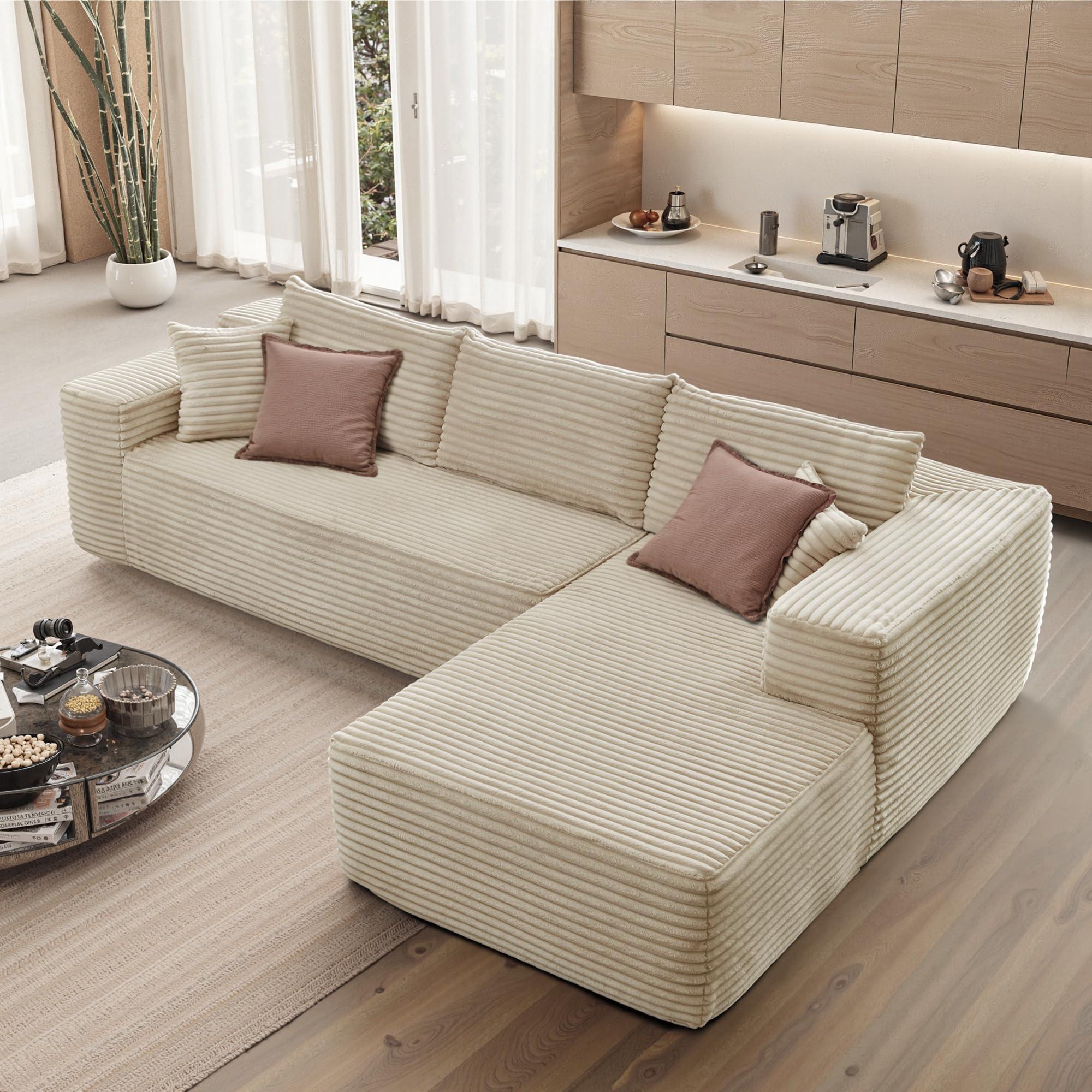 OOBOLT 104" Cloud Couch Deep Seat, L Shape Couches for Living Room, No Assembly Required, Sectional Sofas with Right Chaise, Beige Plush Velvet