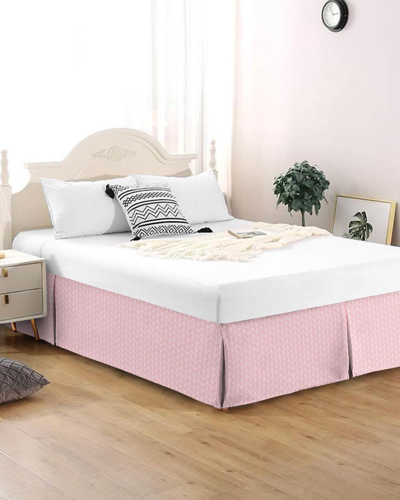 Sabolny Modern Pink Bed Skirt with Split Corners King Size 16" Drop, Tailored Dust Ruffle Bed Skirts Wrap Around Bedskirt Soft Cozy Bedding for Bedroom Hotel Contemporary Minimalist Geometric Stripe