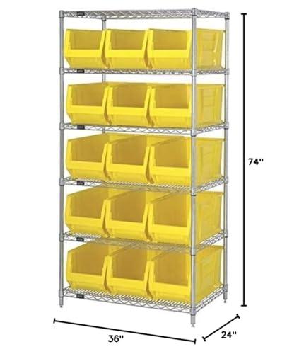 QUANTUM STORAGE SYSTEMS Quantum Storage Systems WR6-953YL 6-Tier Complete Wire Shelving System with 15 QUS953 Yellow Hulk Bins, Chrome Finish, 24" Width x 36" Length x 74" Height