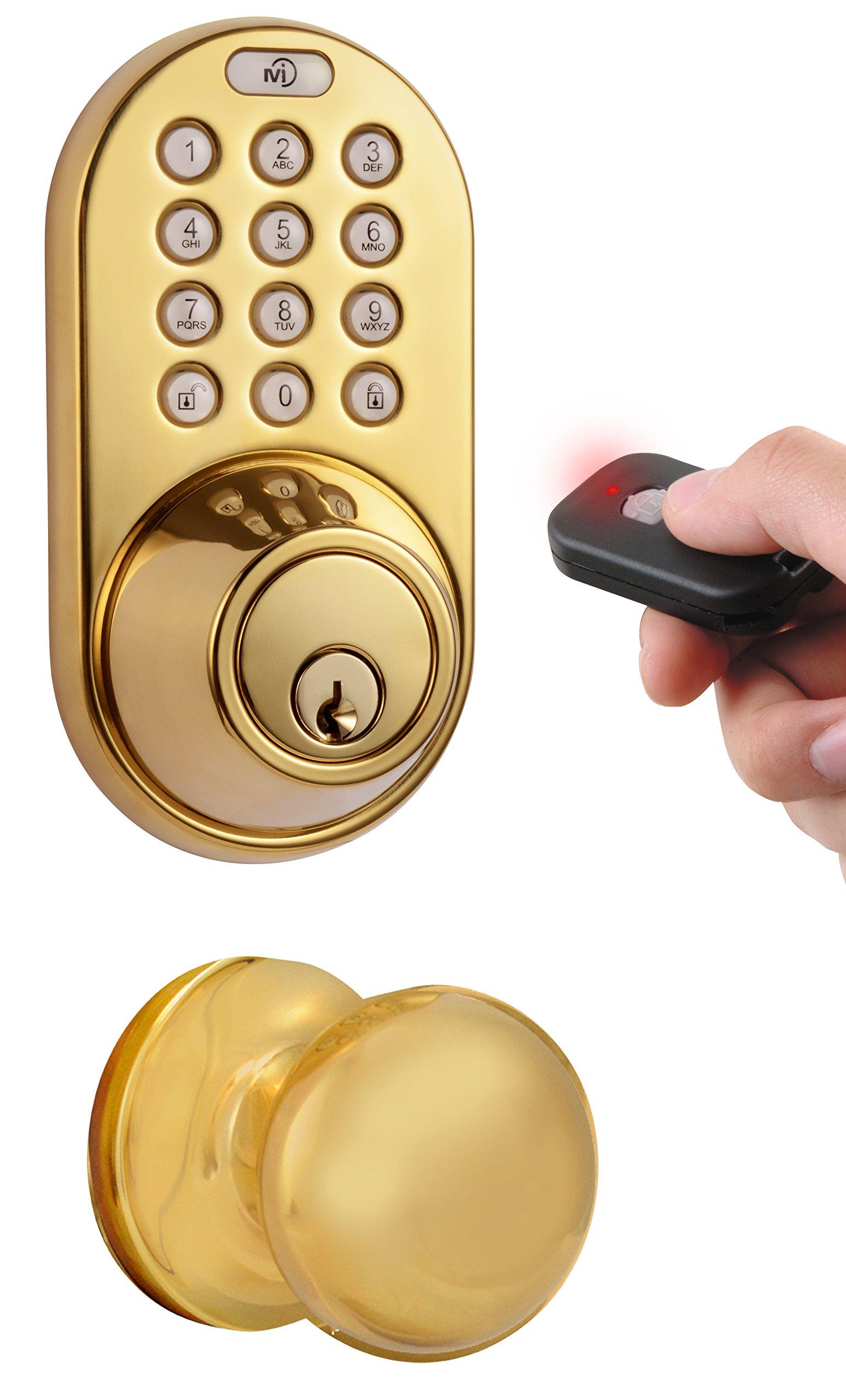 MiLocks MiLocks XFK-02P Digital Deadbolt Door Lock and Passage Knob Combo with Keyless Entry via Remote Control and Keypad Code for Exterior Doors, Polished Brass