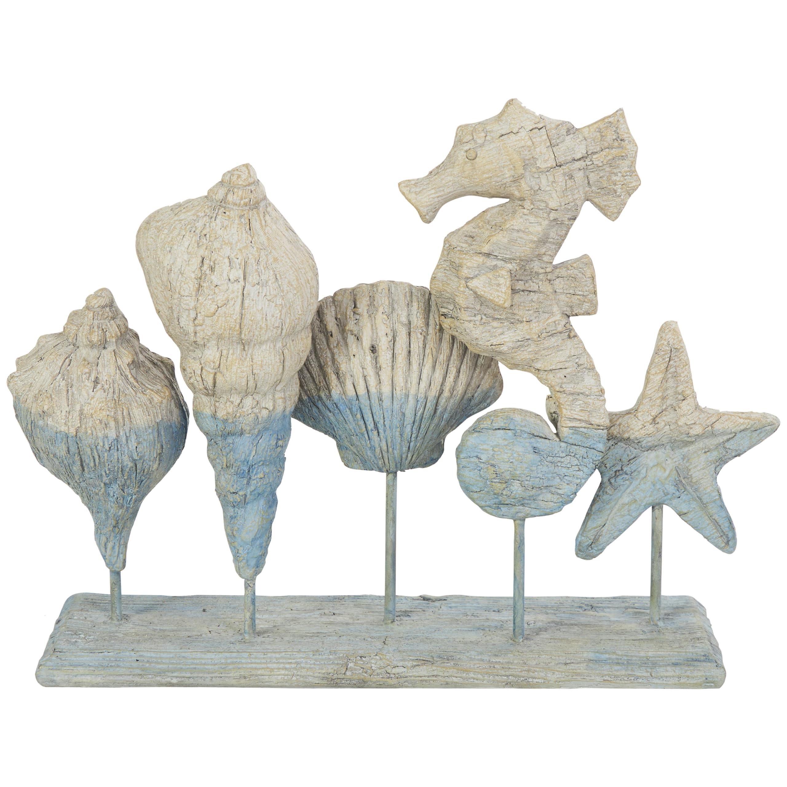 Deco 79 Deco 79 Polystone Shell Decorative Sculpture Textured Ombre Home Decor Statue with Seahorse Accent, Accent Figurine 14" x 4" x 11", Light Blue