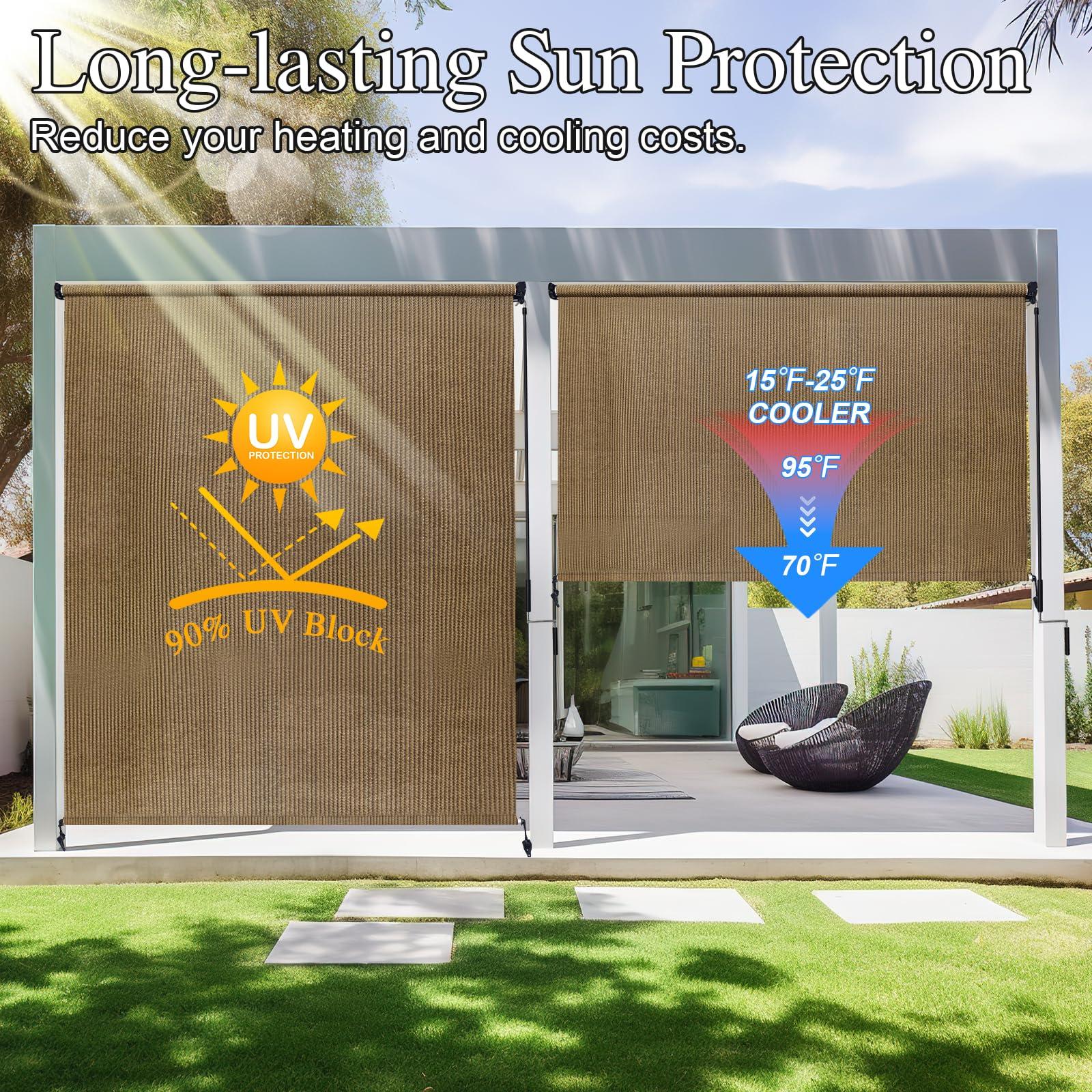 Amagenix Amagenix Outdoor Roller Shades 7'(W) X 8'(H), Exterior Cordless Patio Shades Roll Up Outdoor Blinds with 90% UV Protection, Two-Section Poles with One-Piece Fabric, Coffee Brown