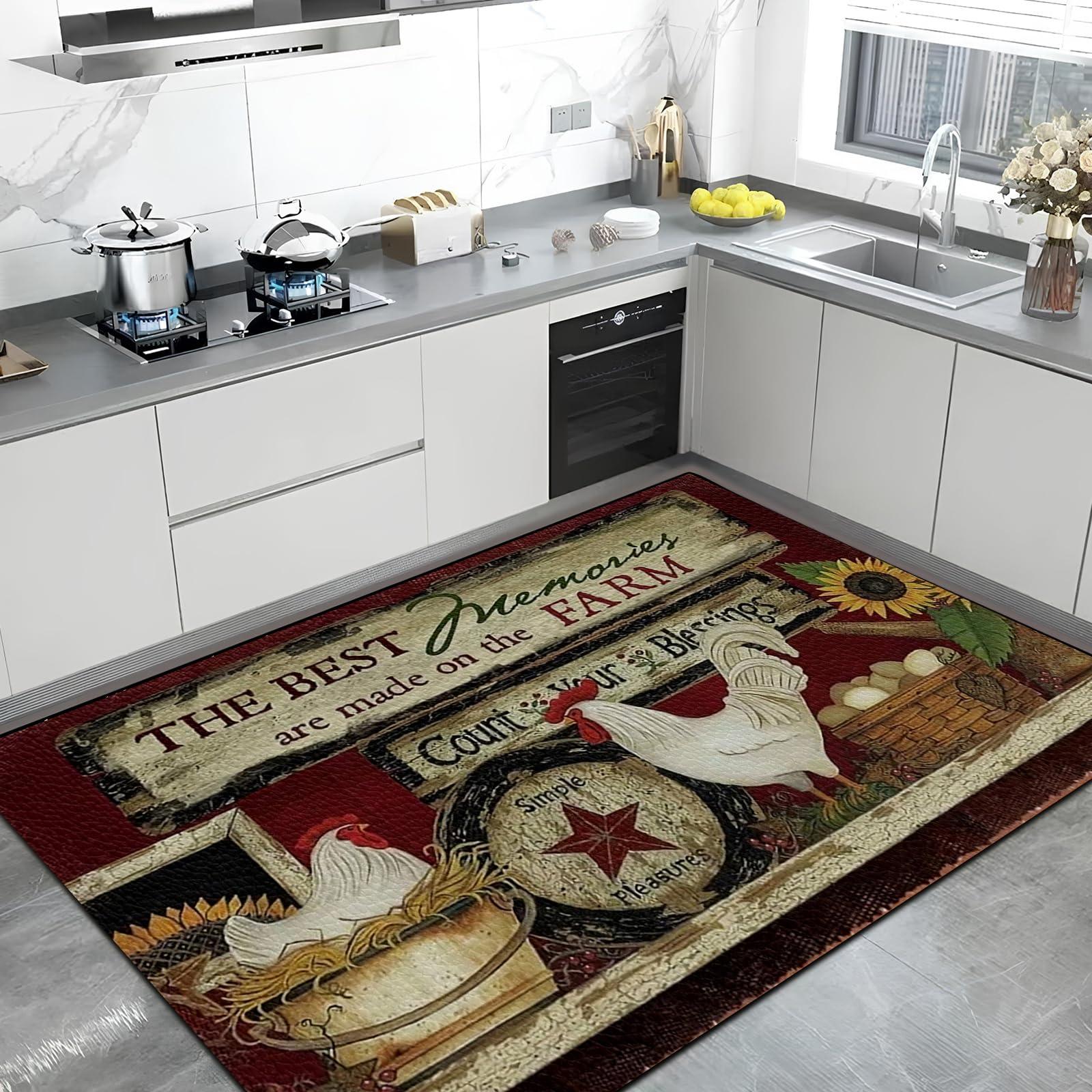 TuLdys TuLdys Rooster Kitchen Rugs and Mats Non Skid Washable Pu Waterproof Leather Kitchen Mat for Floor, 4x6ft/48x72in, Rooster Kitchen Decor Stain Resistant with 4 Pcs Carpet Gripper