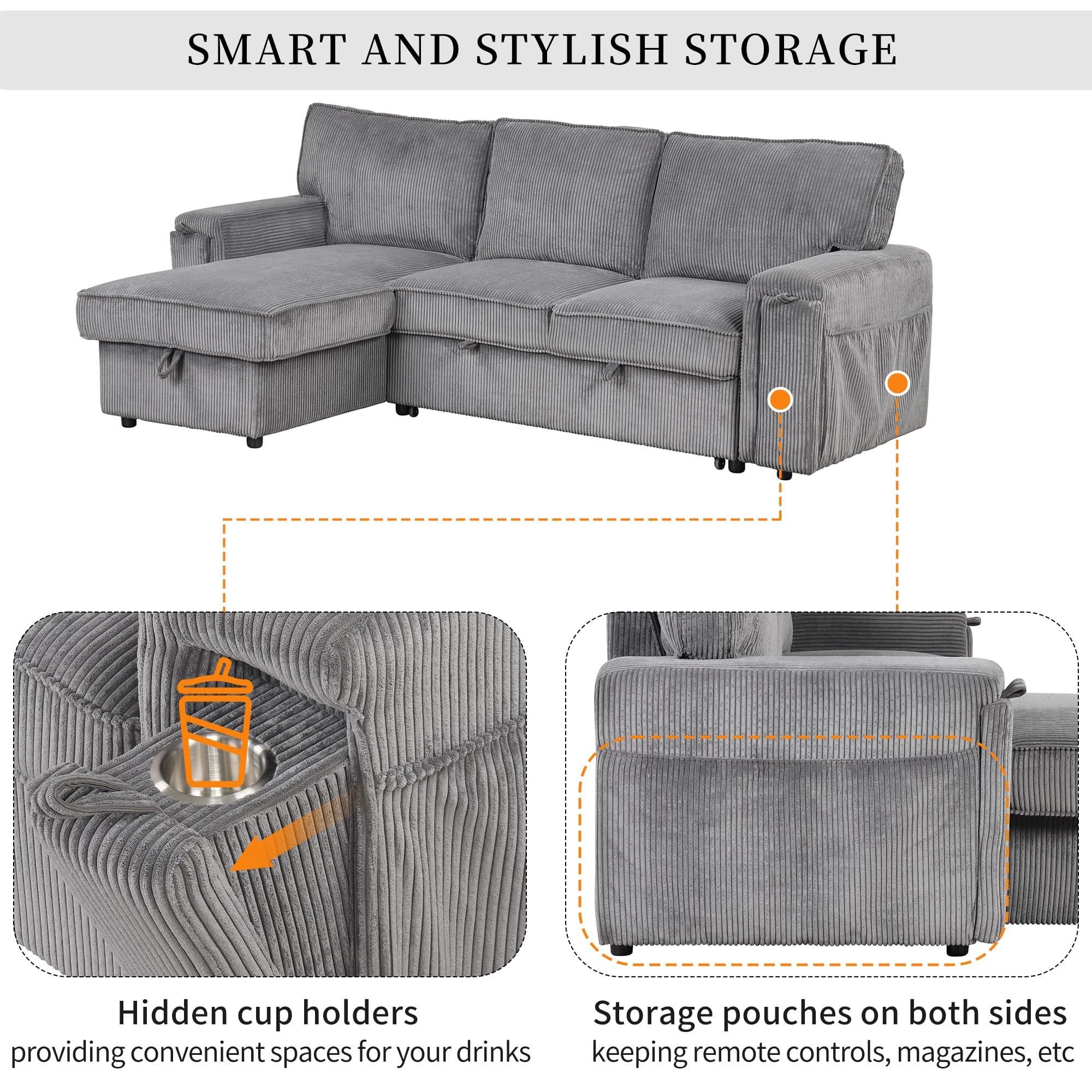 LPKRPL Upholstery Sleeper Sofa Sectional Sofabed - Extra Large Modern Sectional Sofa Set with Pull-Out Bed, Storage Bags and 2 Cup Holders on Arms, Suitable for Living Room, Study Room and Apartment (Gray)