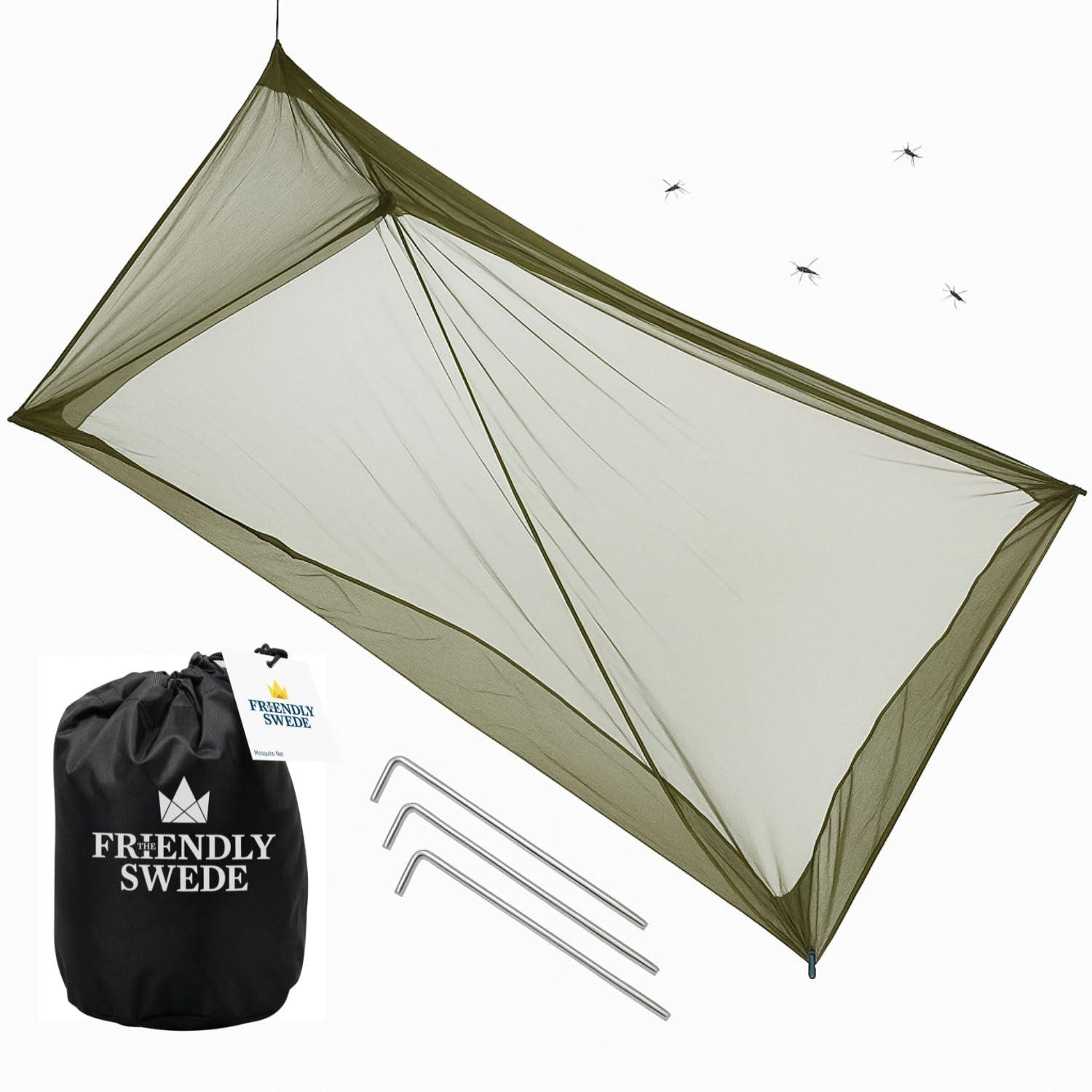 The Friendly Swede The Friendly Swede Outdoor Mosquito Net Mosquito Netting for Camping & Bed; Army Green Bug Net with Stuff Sack, 4 Ground Stakes & Adjustable Cord; Single Bug Tent