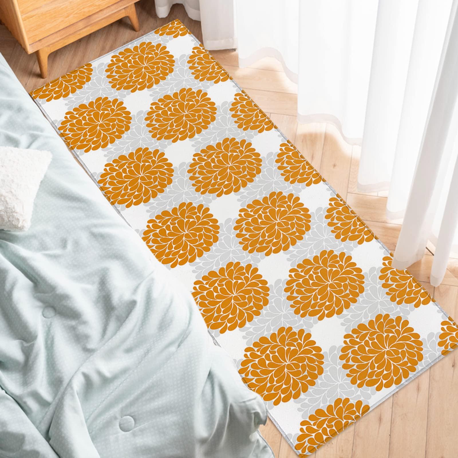 Shine-Home Spring Flower Kitchen Rug, Dahlia Flower Orange Grey Hydrangea Floral White Washable Bath Shower Door Welcome Runner Area Rug Mat Carpet for Bedroom Bathroom Living Room Accent Throw Desk Rug, 18x47