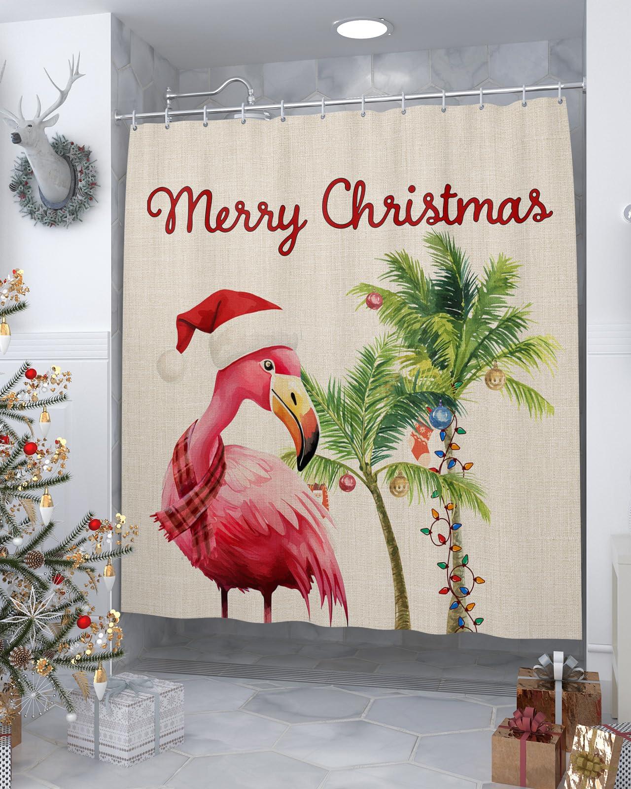 PIEPLE PIEPLE Christmas Flamingos Shower Curtain, Waterproof Washable Boho Funny Cute Shower Curtains Set for Bathroom Bathtubs Curtains Decor Set, 72\" Wx72 L with Hooks Xmas Balls Tree Rustic