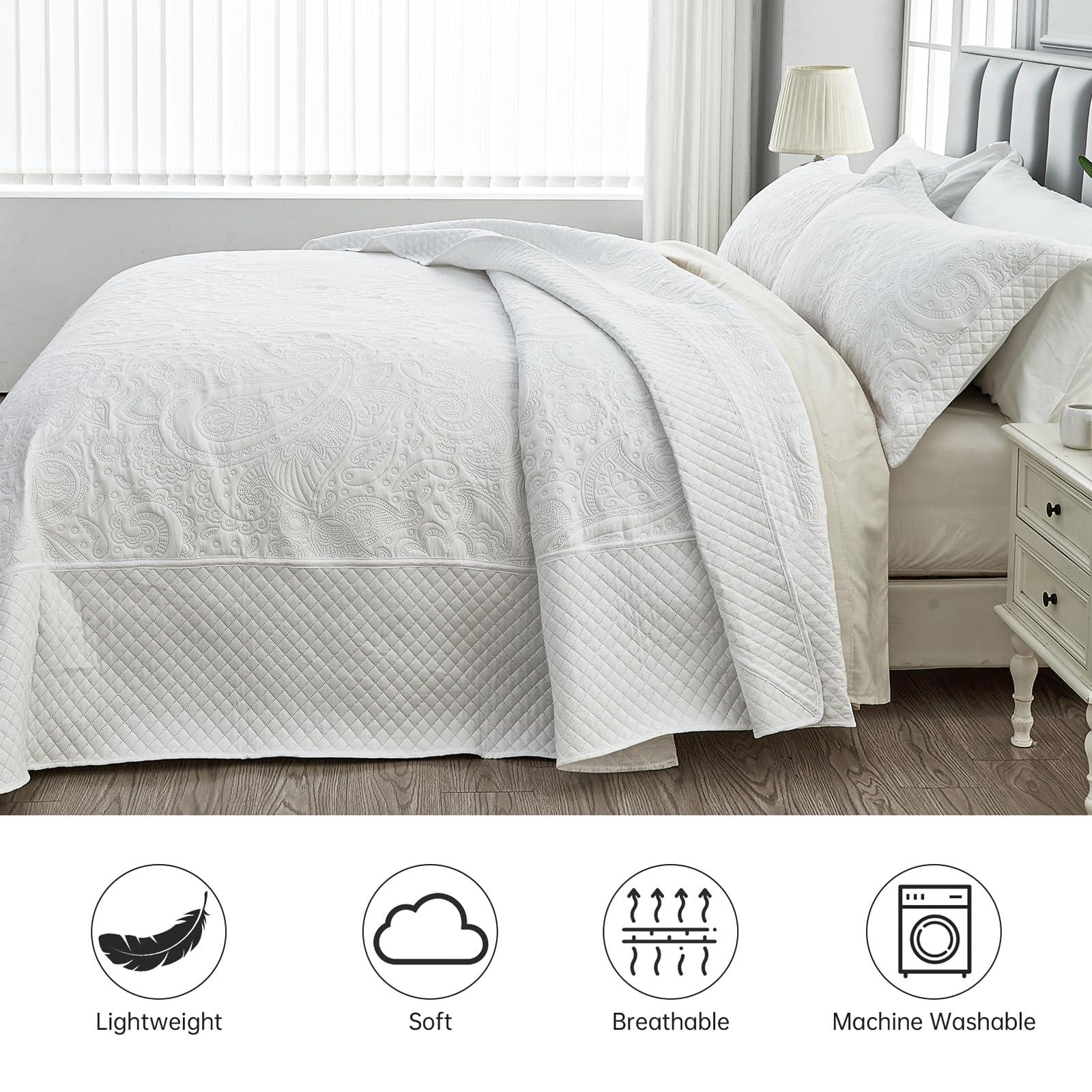 SUCHBED SUCHBED California King Bedspread Set Oversized King Bedspreads 128x120 inches Cal King Quilt Bedding Set Extra Wide King Quilt Paisley Quilt White Coverlet Sets with Shams